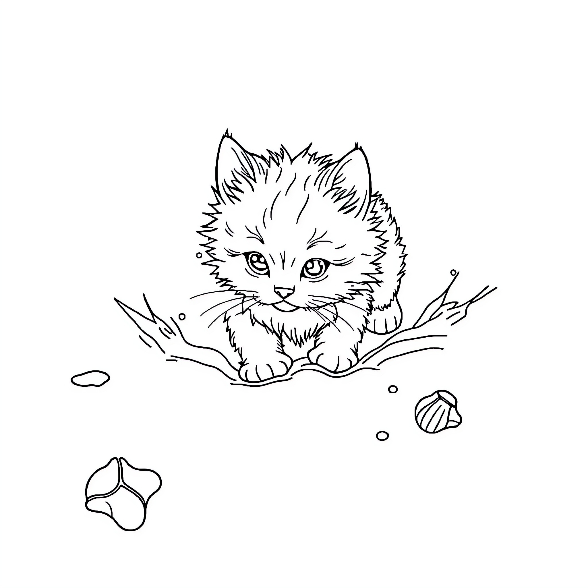 Kitty Exploring Playful Curiosity Coloring Page (free black-and-white line drawing printable PDF for all, from beginners to advanced learners, including children, teens, adults, and seniors)