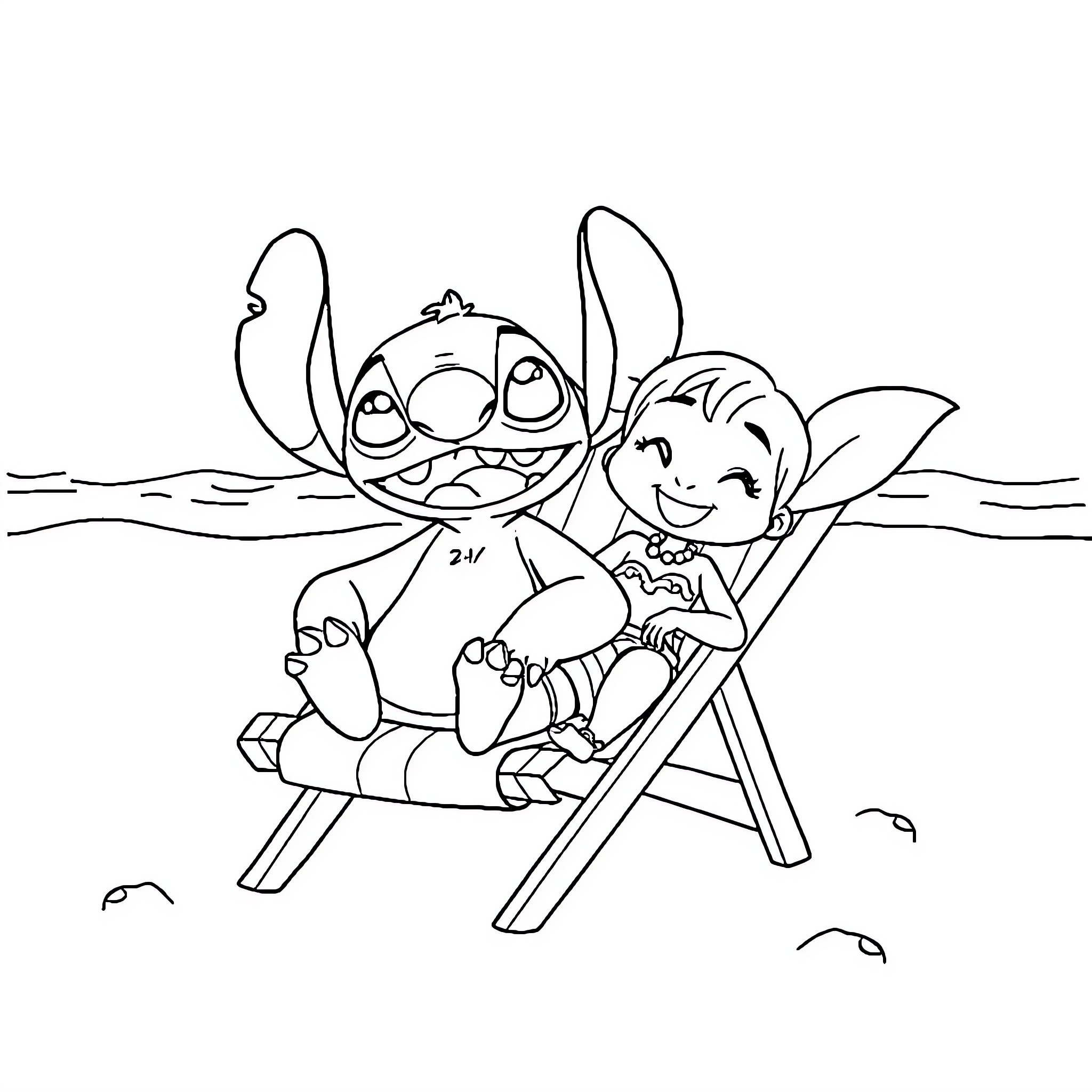 Stitch and Lilo relaxing on the beach Coloring Page (free black-and-white line drawing printable PDF for all, from beginners to advanced learners, including children, teens, adults, and seniors)