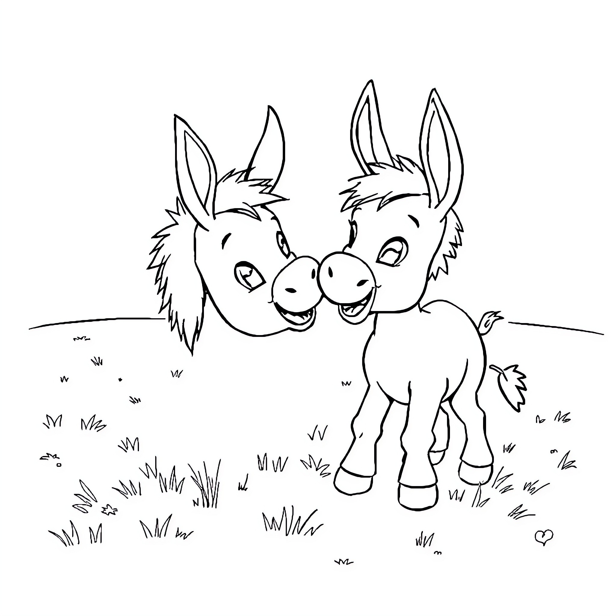 Choupi's Mischievous Donkey Duo Coloring Page (free black-and-white line drawing printable PDF for all, from beginners to advanced learners, including children, teens, adults, and seniors)
