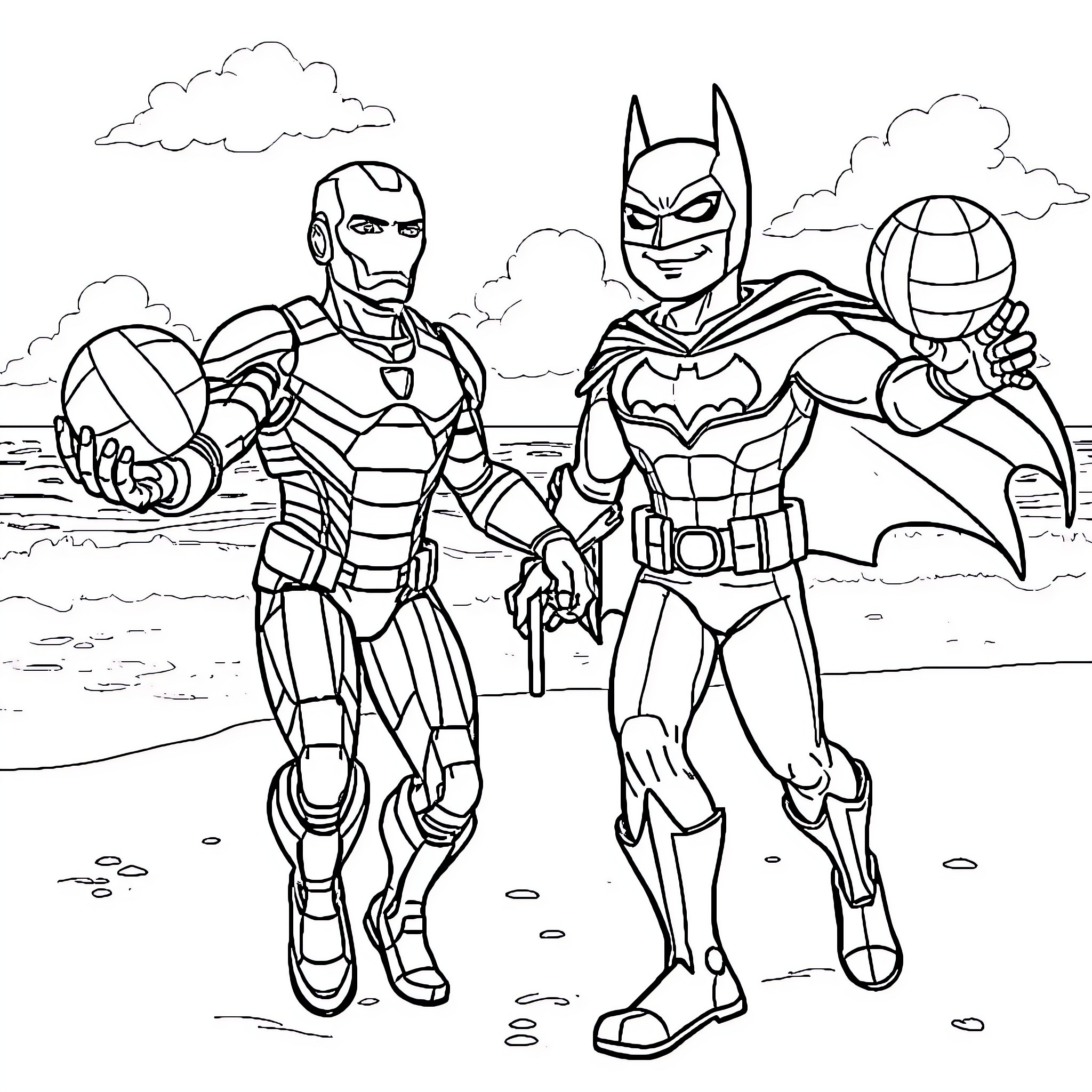 Iron Man and Batman in heroic action poses Coloring Page (free black-and-white line drawing printable PDF for all, from beginners to advanced learners, including children, teens, adults, and seniors)