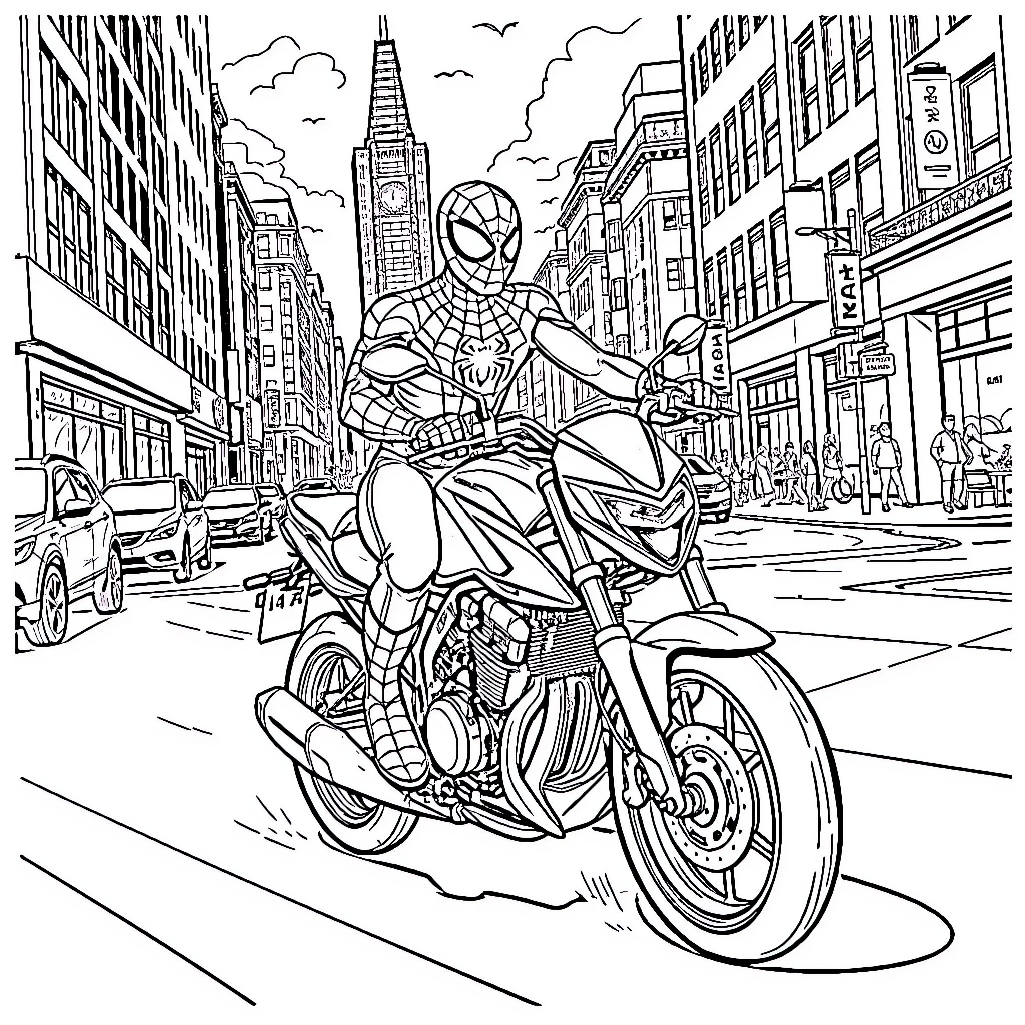 Spider-Man riding a motorcycle through the city Coloring Page (free black-and-white line drawing printable PDF for all, from beginners to advanced learners, including children, teens, adults, and seniors)