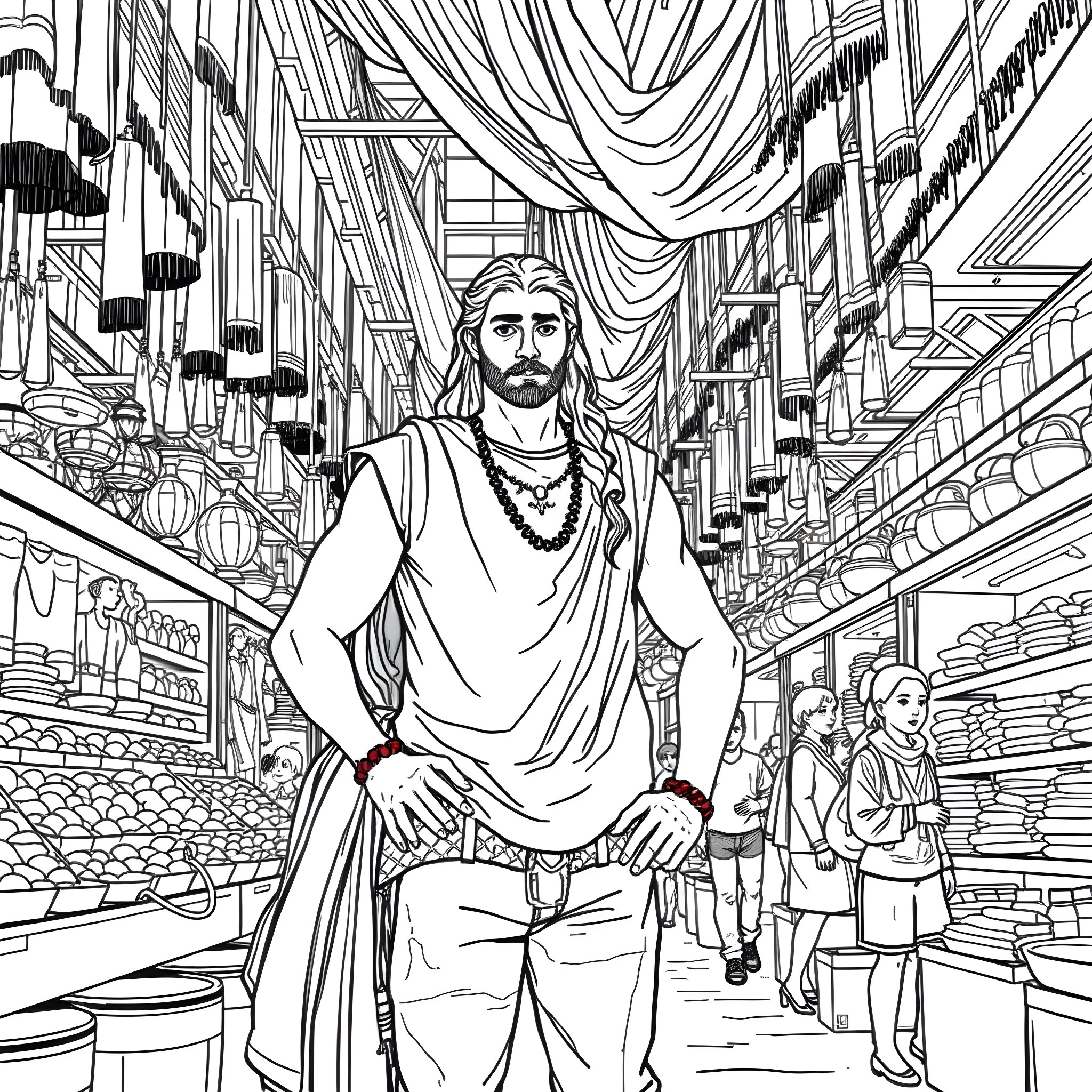 Roman Reigns stands confidently in a bustling marketplace Coloring Page (free black-and-white line drawing printable PDF for all, from beginners to advanced learners, including children, teens, adults, and seniors)