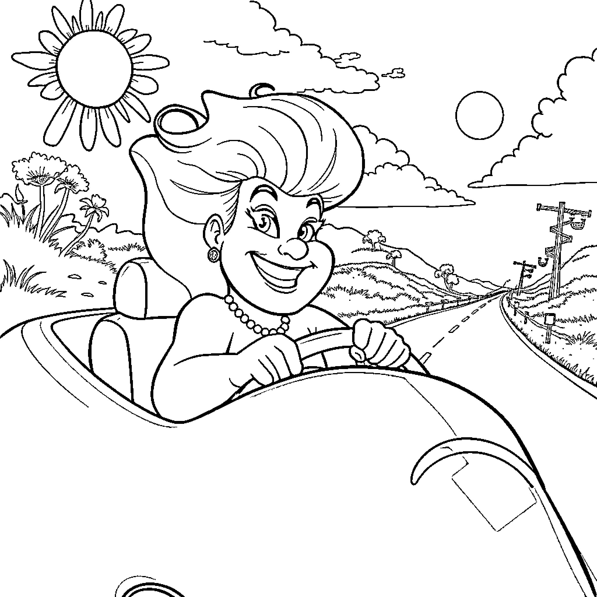 Ursula's Joyful Ride through the Countryside Coloring Page (free black-and-white line drawing printable PDF for all, from beginners to advanced learners, including children, teens, adults, and seniors)