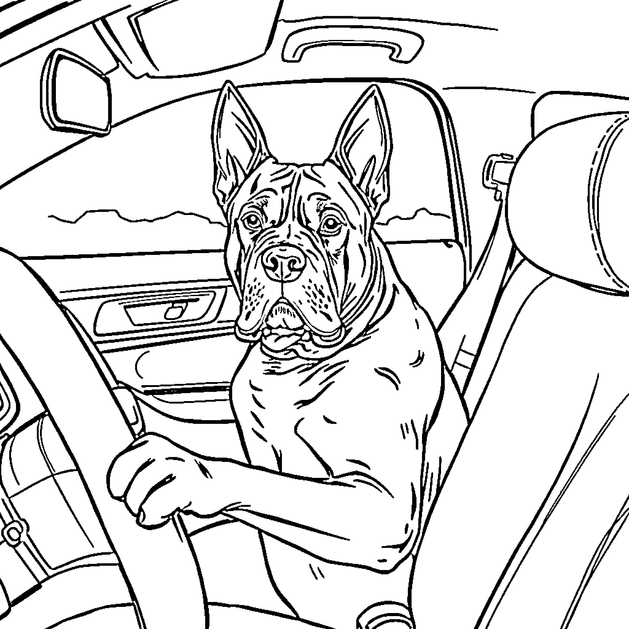 Cane Corso dog riding in vehicle Coloring Page (free black-and-white line drawing printable PDF for all, from beginners to advanced learners, including children, teens, adults, and seniors)