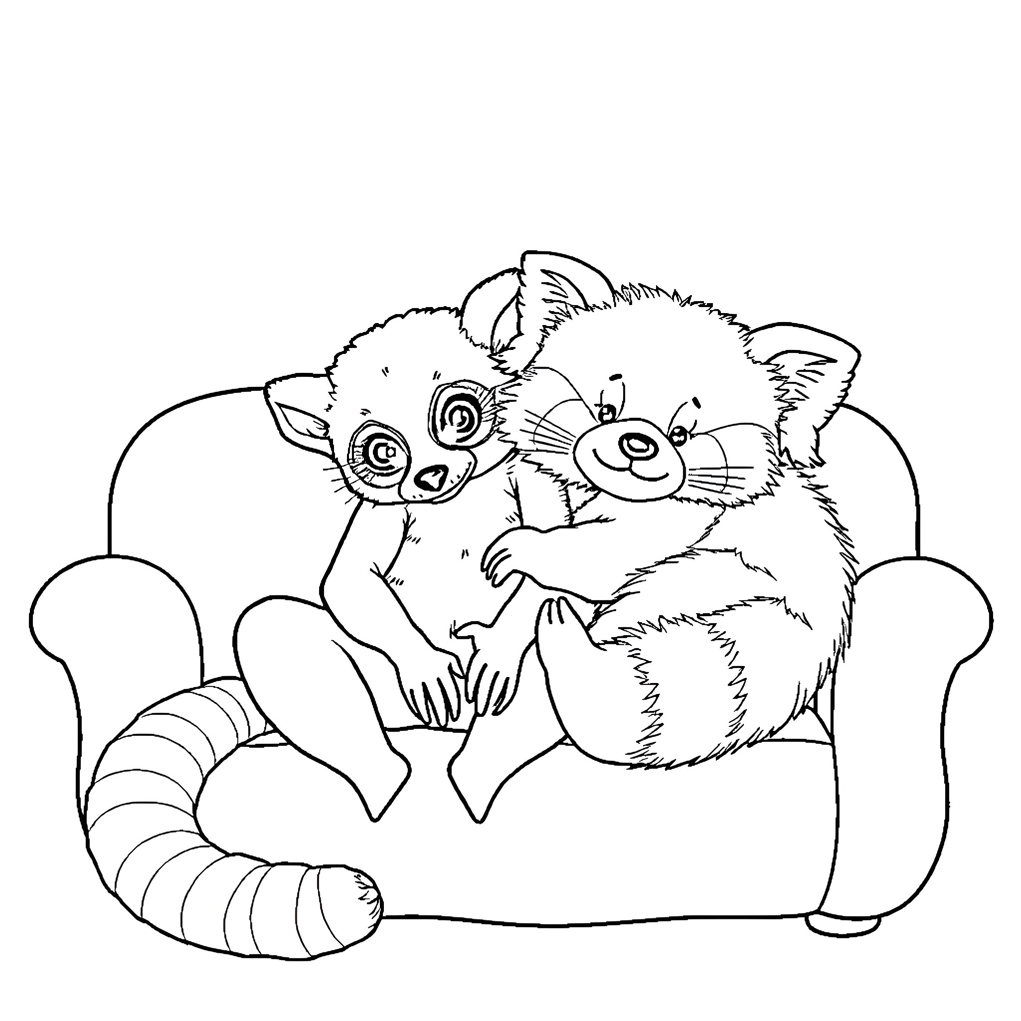 Lemur friends playing on a couch Coloring Page (free black-and-white line drawing printable PDF for all, from beginners to advanced learners, including children, teens, adults, and seniors)