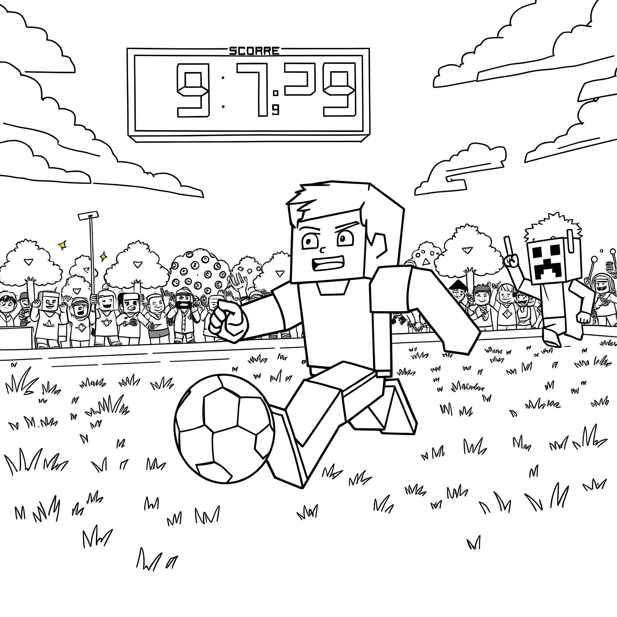 Steve playing soccer in a Minecraft-style world Coloring Page (free black-and-white line drawing printable PDF for all, from beginners to advanced learners, including children, teens, adults, and seniors)