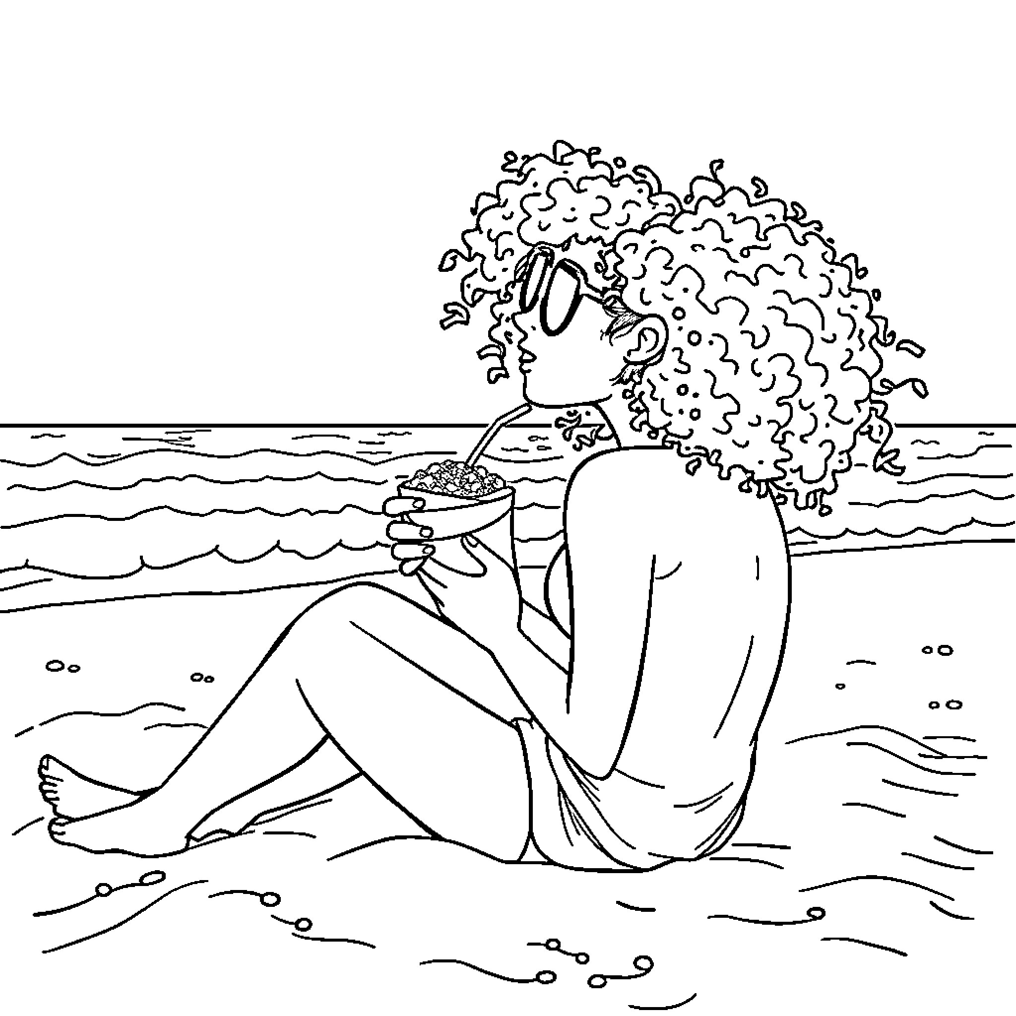 Chipotle customer relaxing on the beach Coloring Page (free black-and-white line drawing printable PDF for all, from beginners to advanced learners, including children, teens, adults, and seniors)