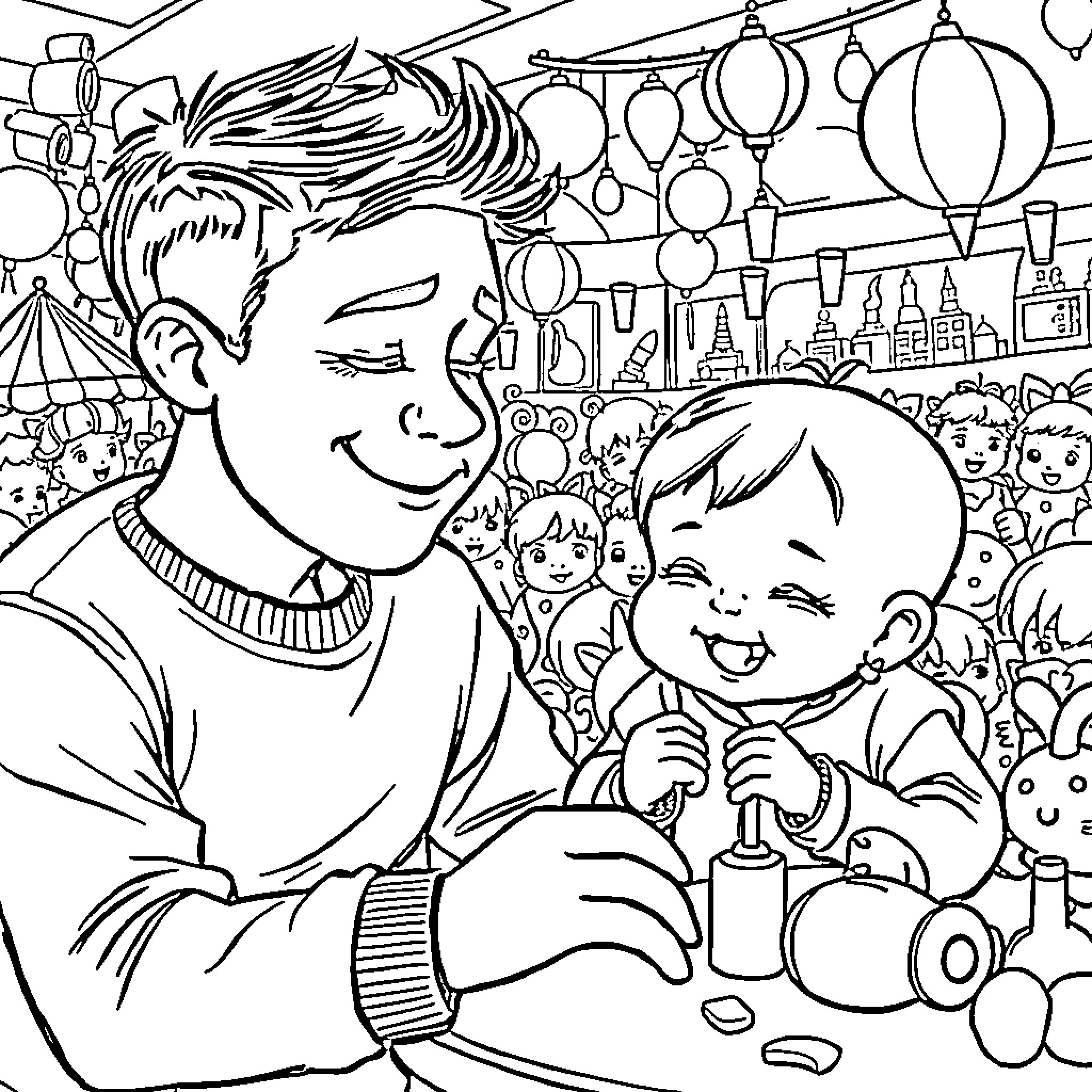 Brother Bonding with Joyful Child in Festive Surroundings Coloring Page (free black-and-white line drawing printable PDF for all, from beginners to advanced learners, including children, teens, adults, and seniors)