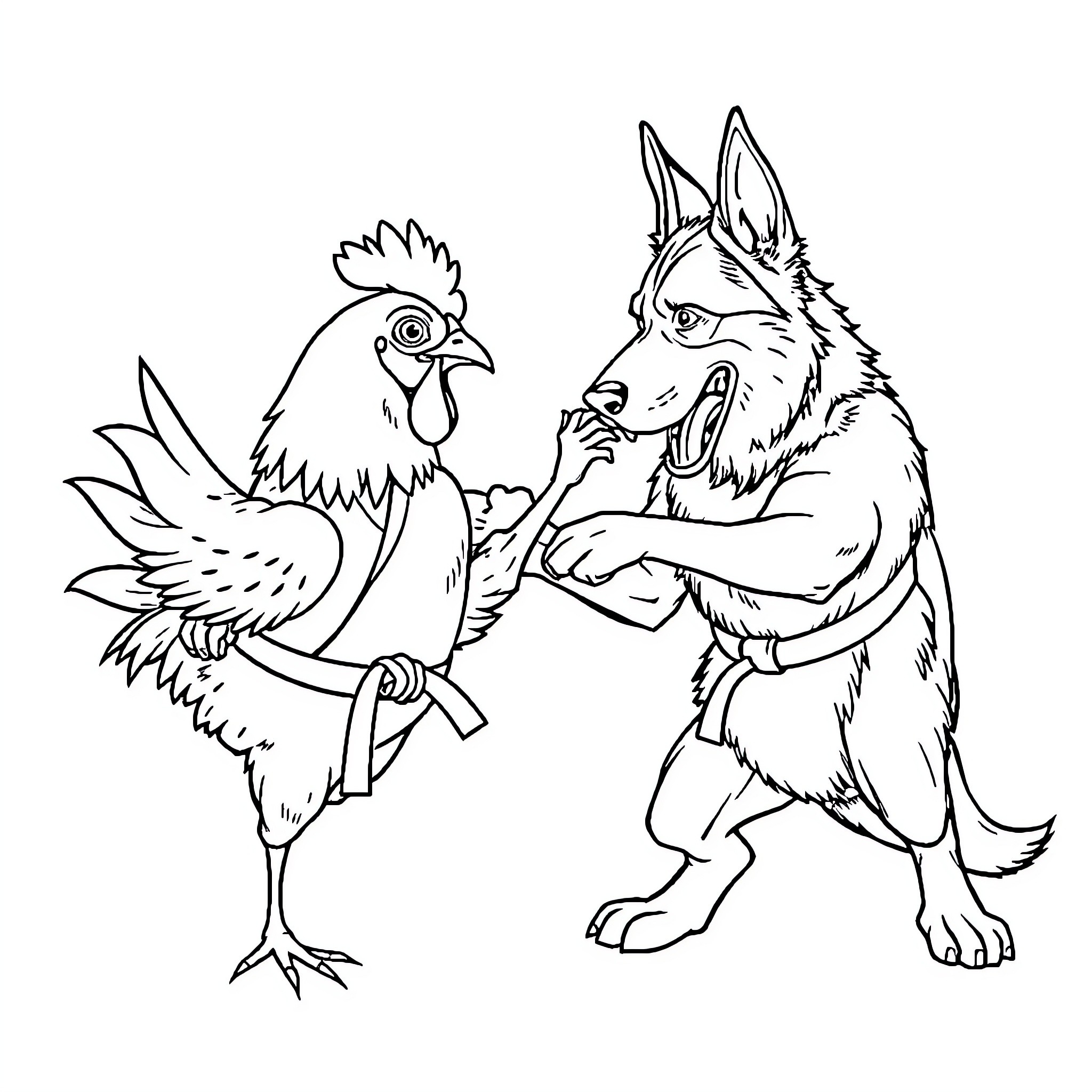 Chicken and Wolf in Confrontation Coloring Page (free black-and-white line drawing printable PDF for all, from beginners to advanced learners, including children, teens, adults, and seniors)
