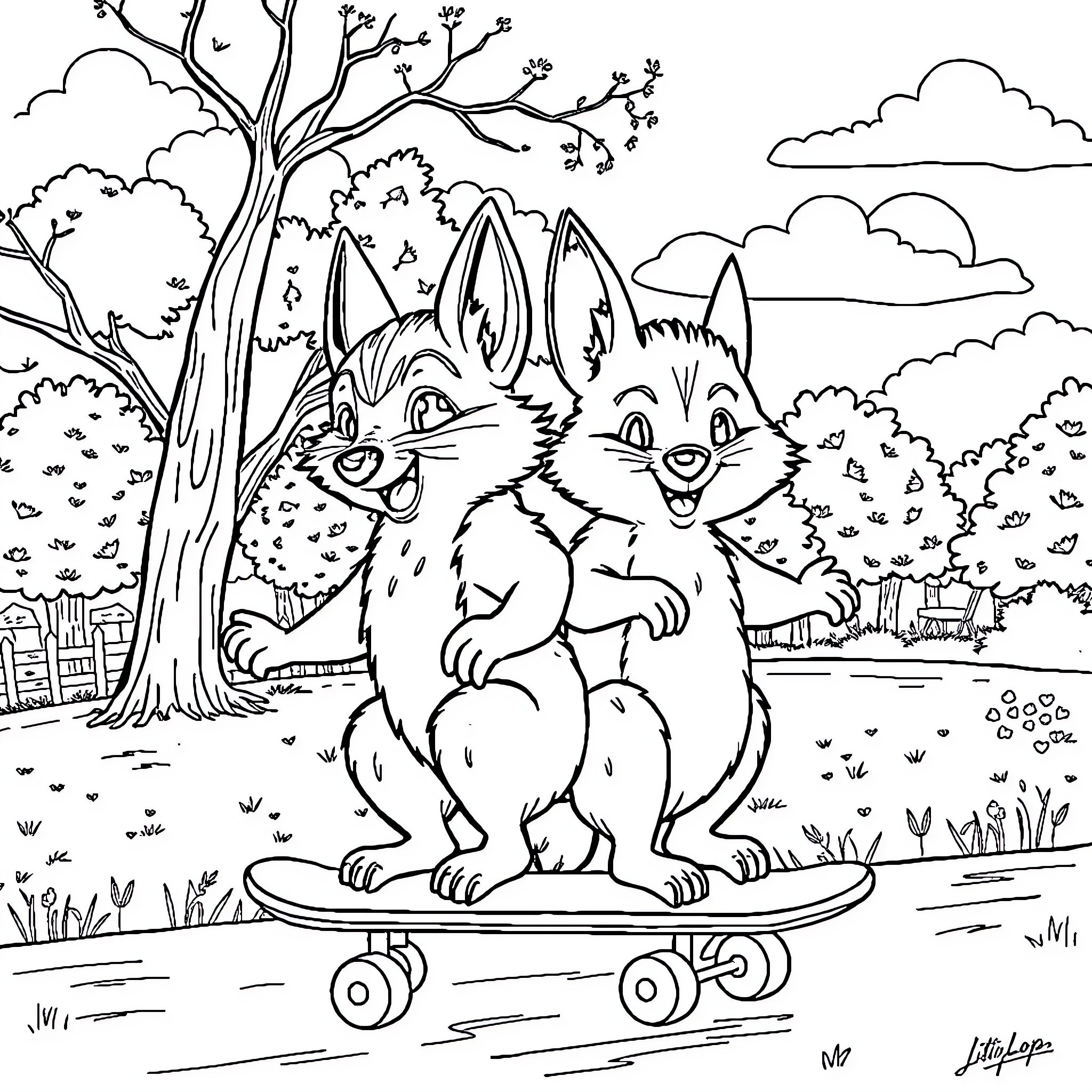 Wolf playfully riding a skateboard in the park Coloring Page (free black-and-white line drawing printable PDF for all, from beginners to advanced learners, including children, teens, adults, and seniors)