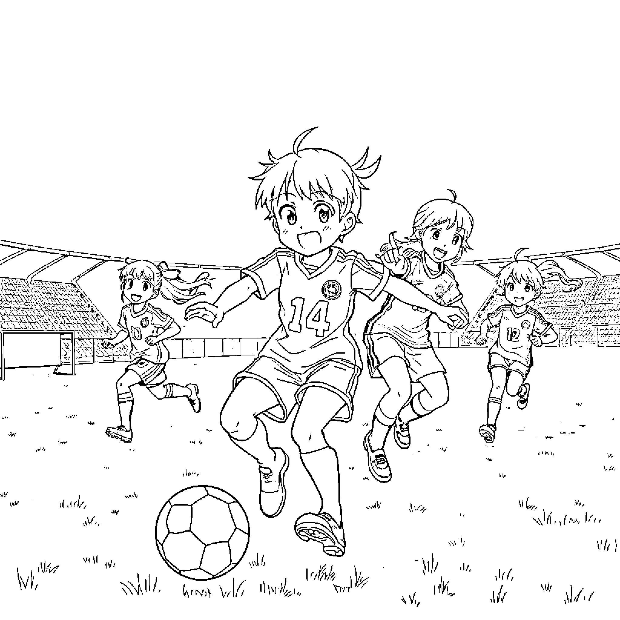 Anime Soccer Players Excited on the Field Coloring Page (free black-and-white line drawing printable PDF for all, from beginners to advanced learners, including children, teens, adults, and seniors)