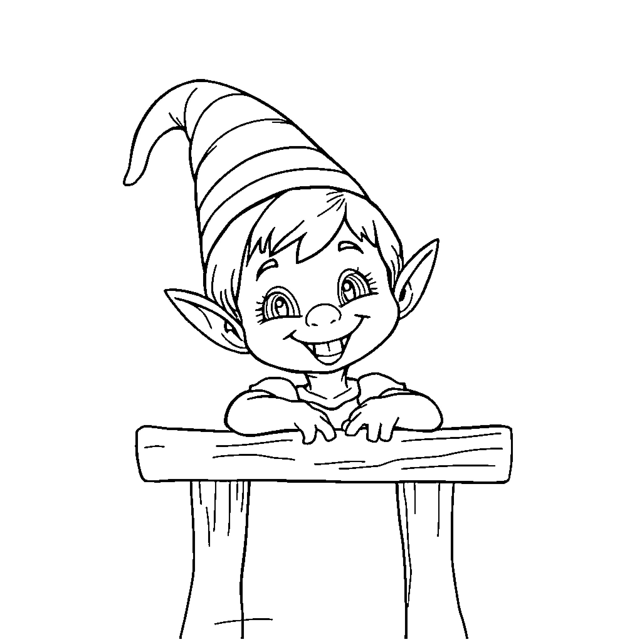 Elf playing mischievously on a table Coloring Page (free black-and-white line drawing printable PDF for all, from beginners to advanced learners, including children, teens, adults, and seniors)