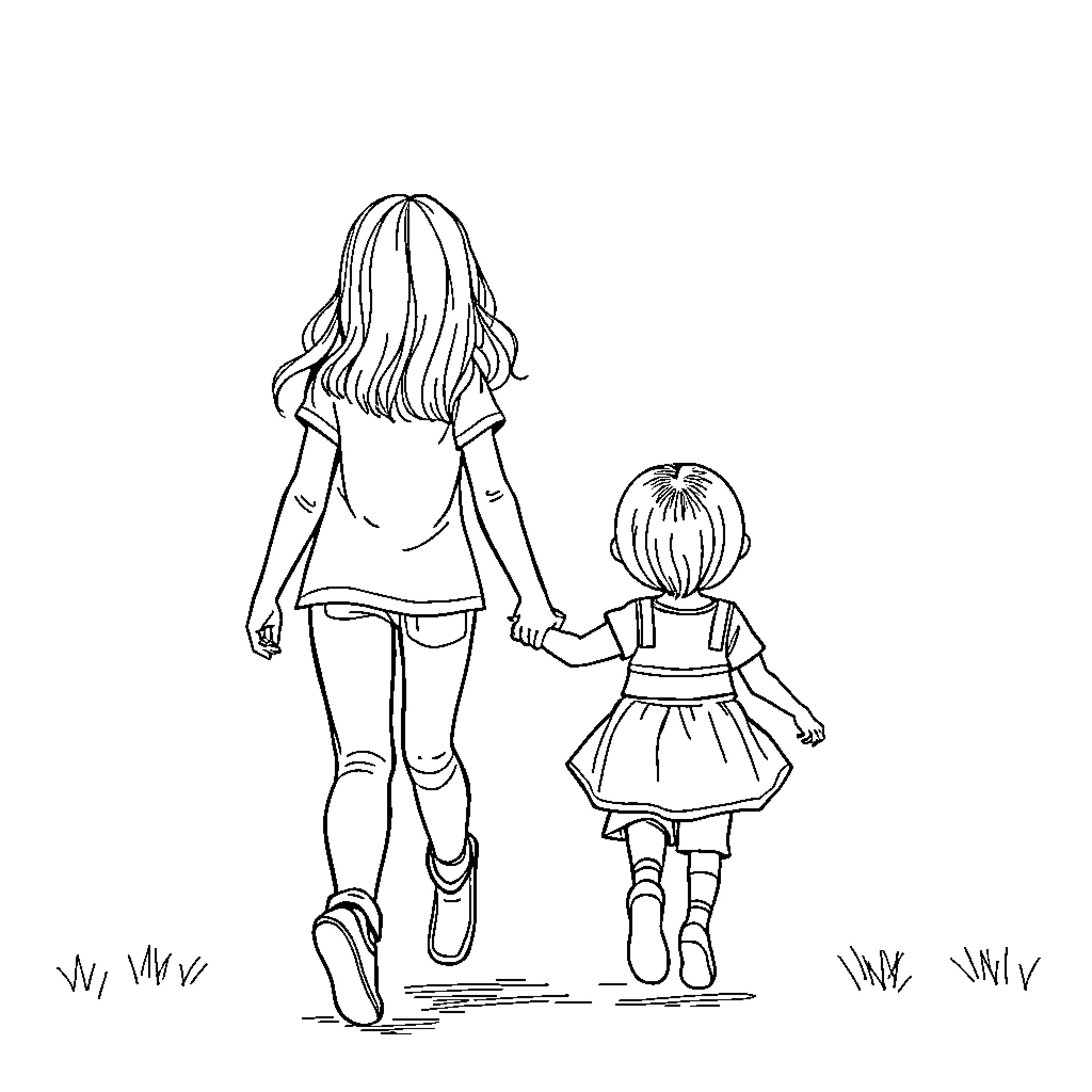 Sister and Sibling Taking a Stroll Coloring Page (free black-and-white line drawing printable PDF for all, from beginners to advanced learners, including children, teens, adults, and seniors)