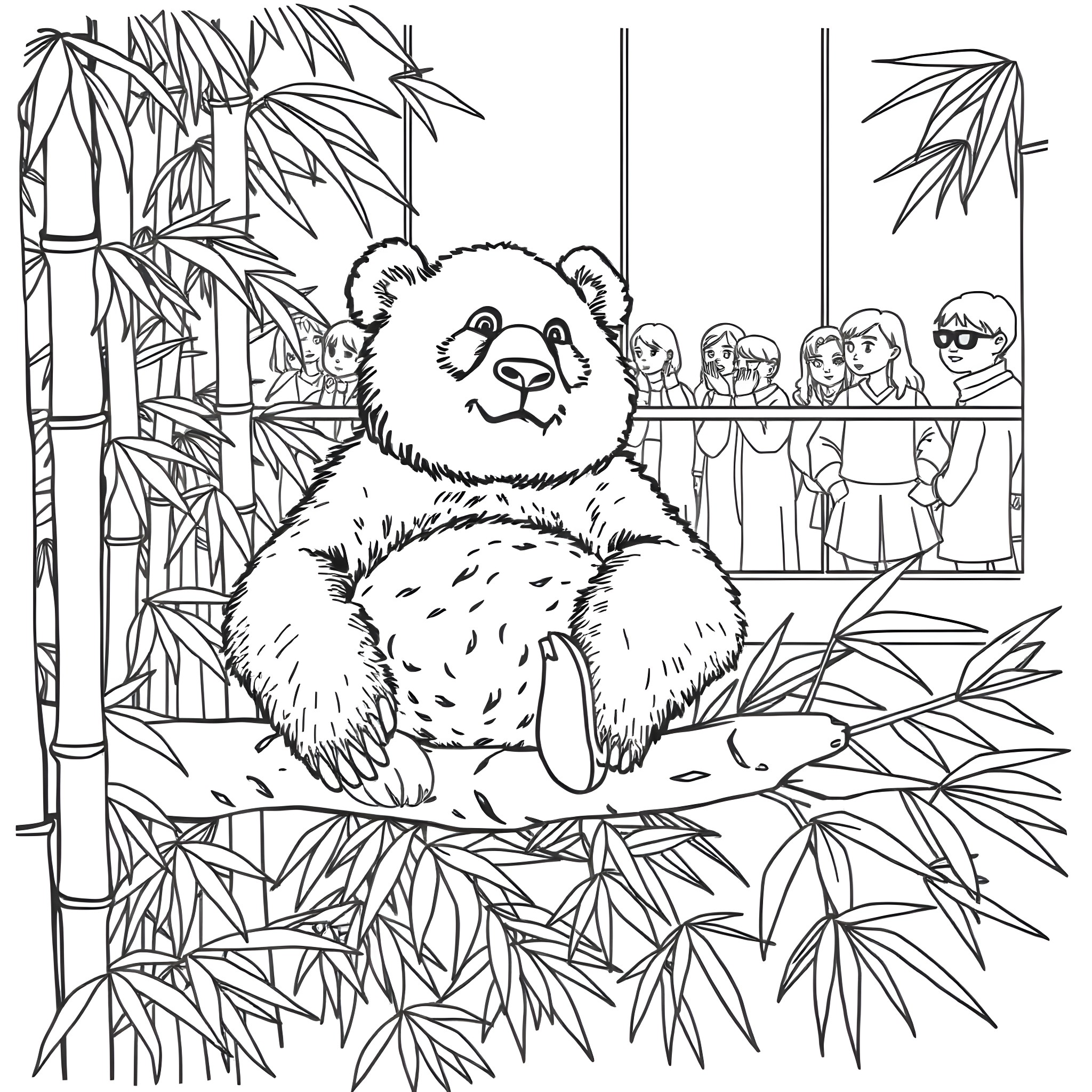 Panda relaxing in bamboo forest with people Coloring Page (free black-and-white line drawing printable PDF for all, from beginners to advanced learners, including children, teens, adults, and seniors)