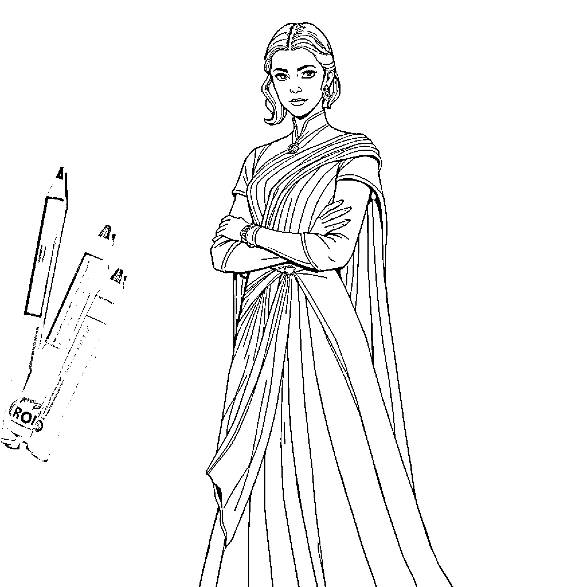 Padmé Amidala in regal attire Coloring Page (free black-and-white line drawing printable PDF for all, from beginners to advanced learners, including children, teens, adults, and seniors)