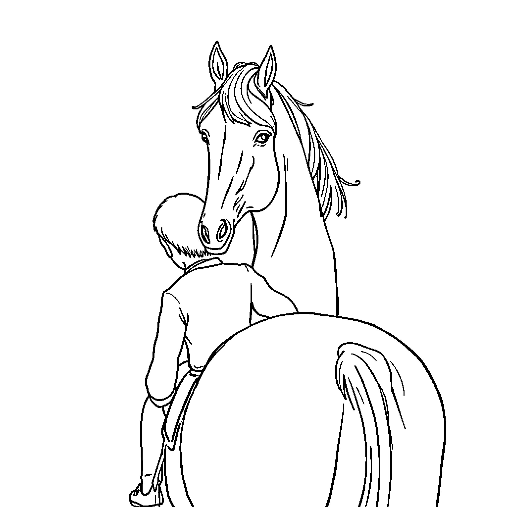 Horse with rider standing by Coloring Page (free black-and-white line drawing printable PDF for all, from beginners to advanced learners, including children, teens, adults, and seniors)