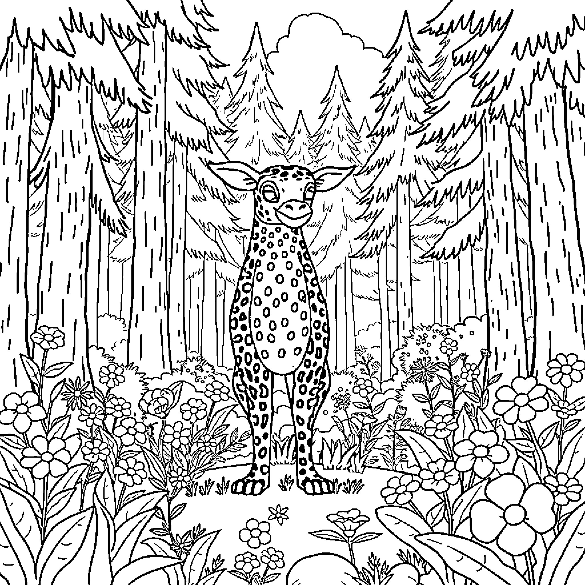 Labubu's Forest Adventure Coloring Page (free black-and-white line drawing printable PDF for all, from beginners to advanced learners, including children, teens, adults, and seniors)