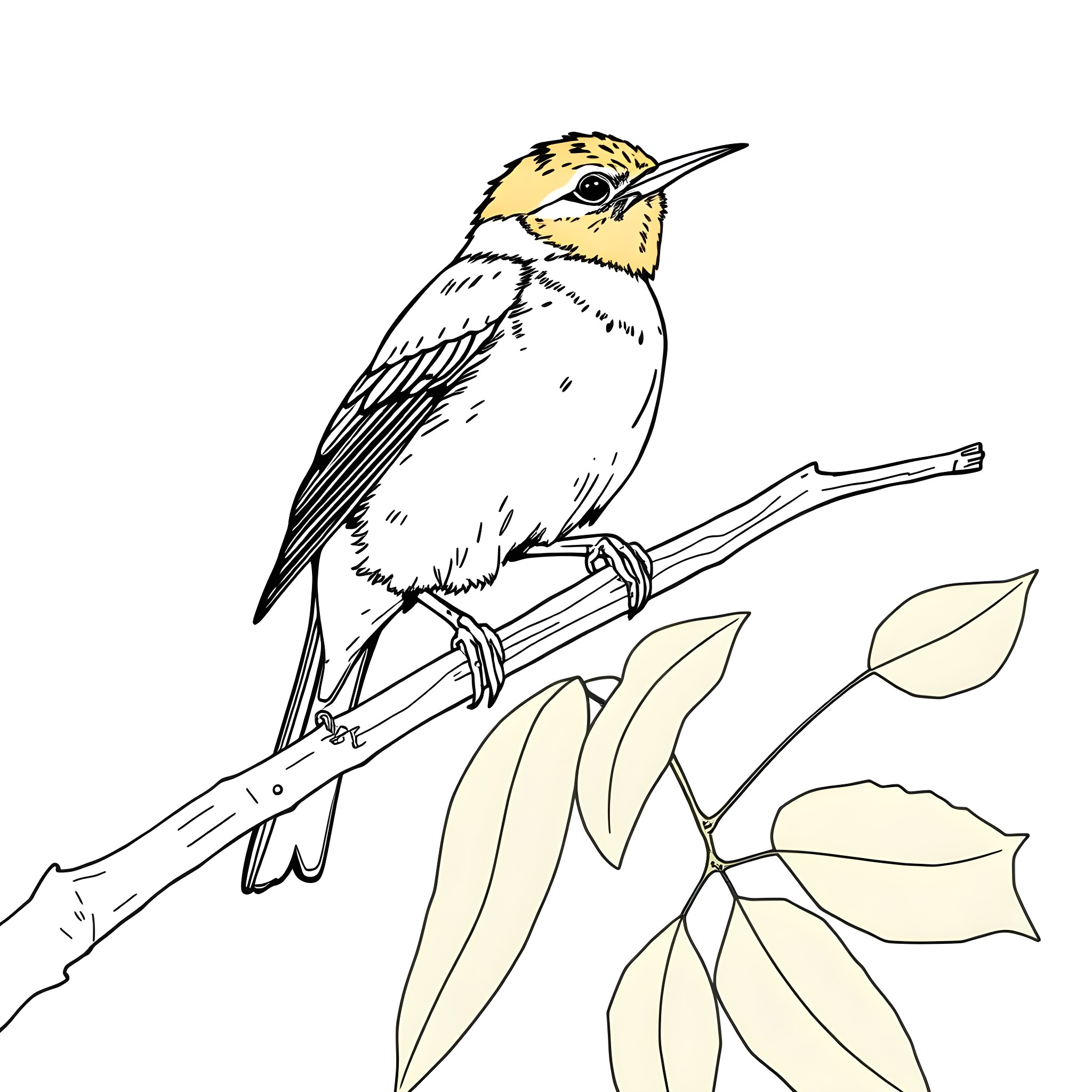 Emberiza Citrinella - Singing bird perching on branch Coloring Page (free black-and-white line drawing printable PDF for all, from beginners to advanced learners, including children, teens, adults, and seniors)