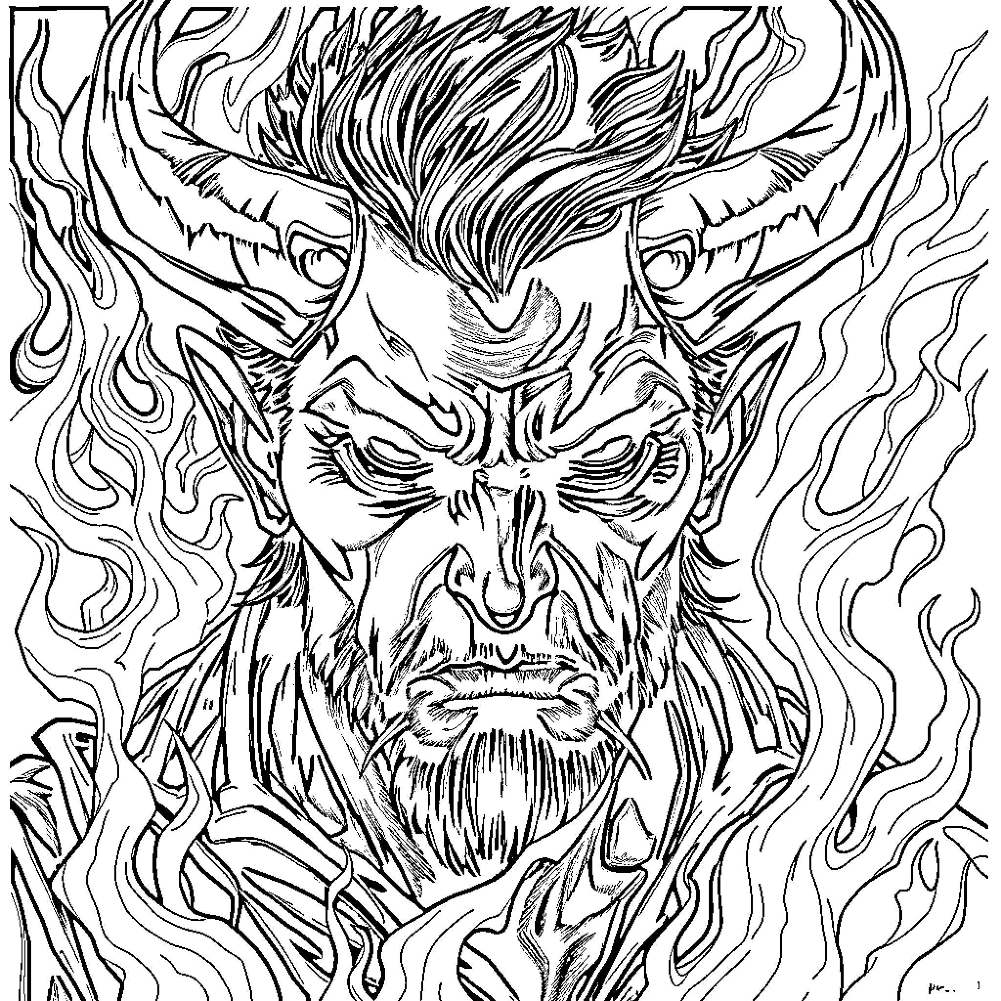 Demonfire - Fearsome Demonic Entity in Flames Coloring Page (free black-and-white line drawing printable PDF for all, from beginners to advanced learners, including children, teens, adults, and seniors)