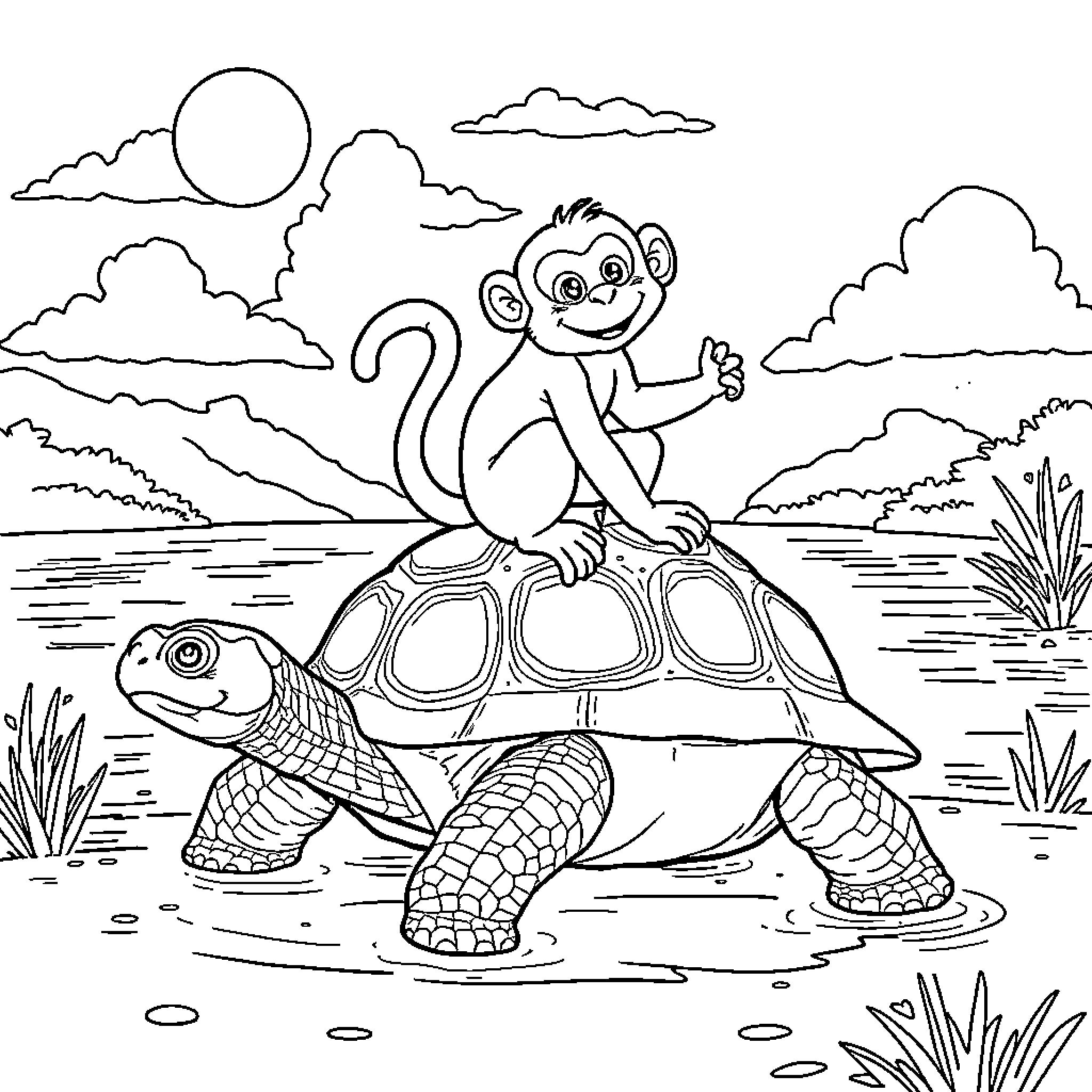 Monkey riding happily on a turtle in nature Coloring Page (free black-and-white line drawing printable PDF for all, from beginners to advanced learners, including children, teens, adults, and seniors)