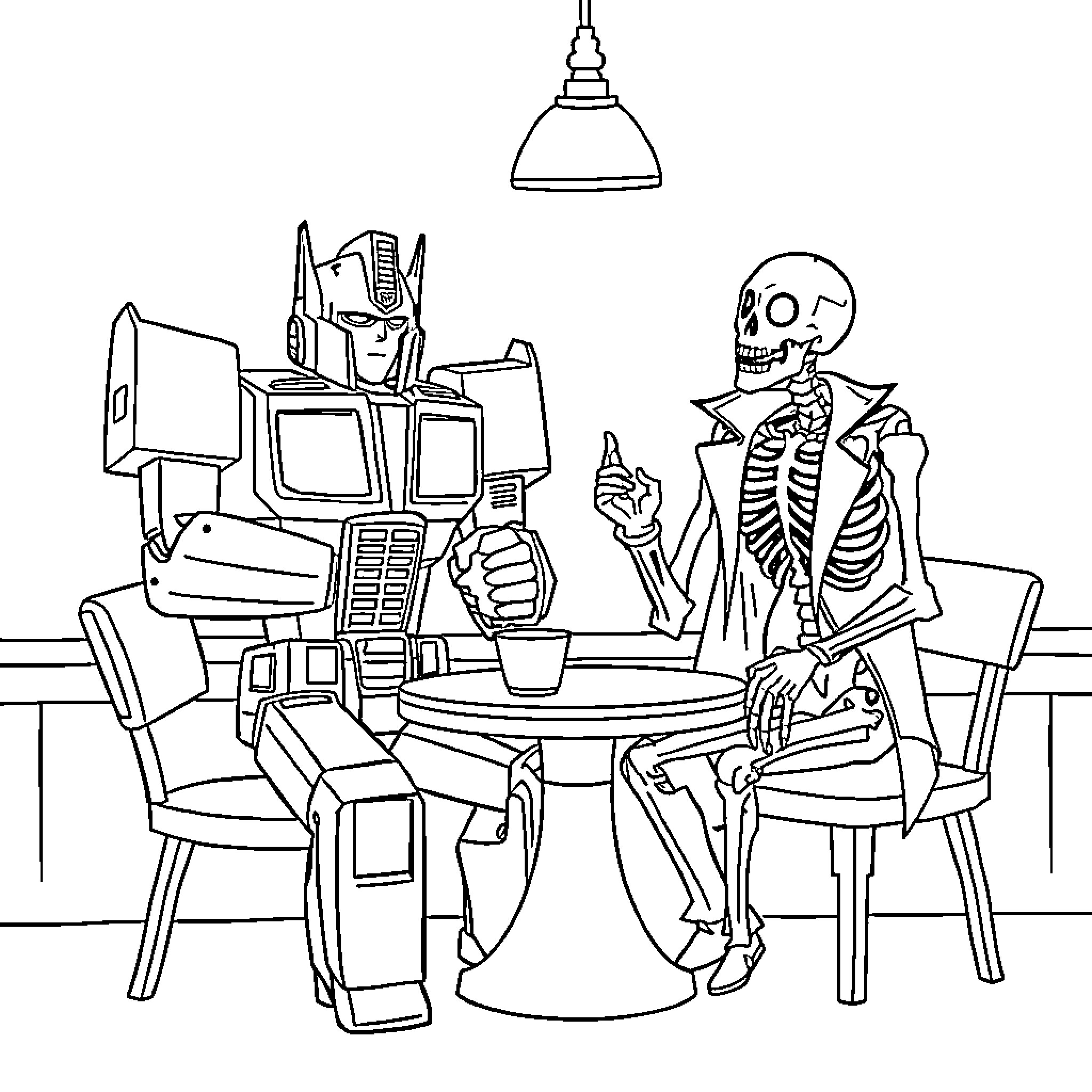 Optimus Prime and Skeleton Discuss Transformers Coloring Page (free black-and-white line drawing printable PDF for all, from beginners to advanced learners, including children, teens, adults, and seniors)
