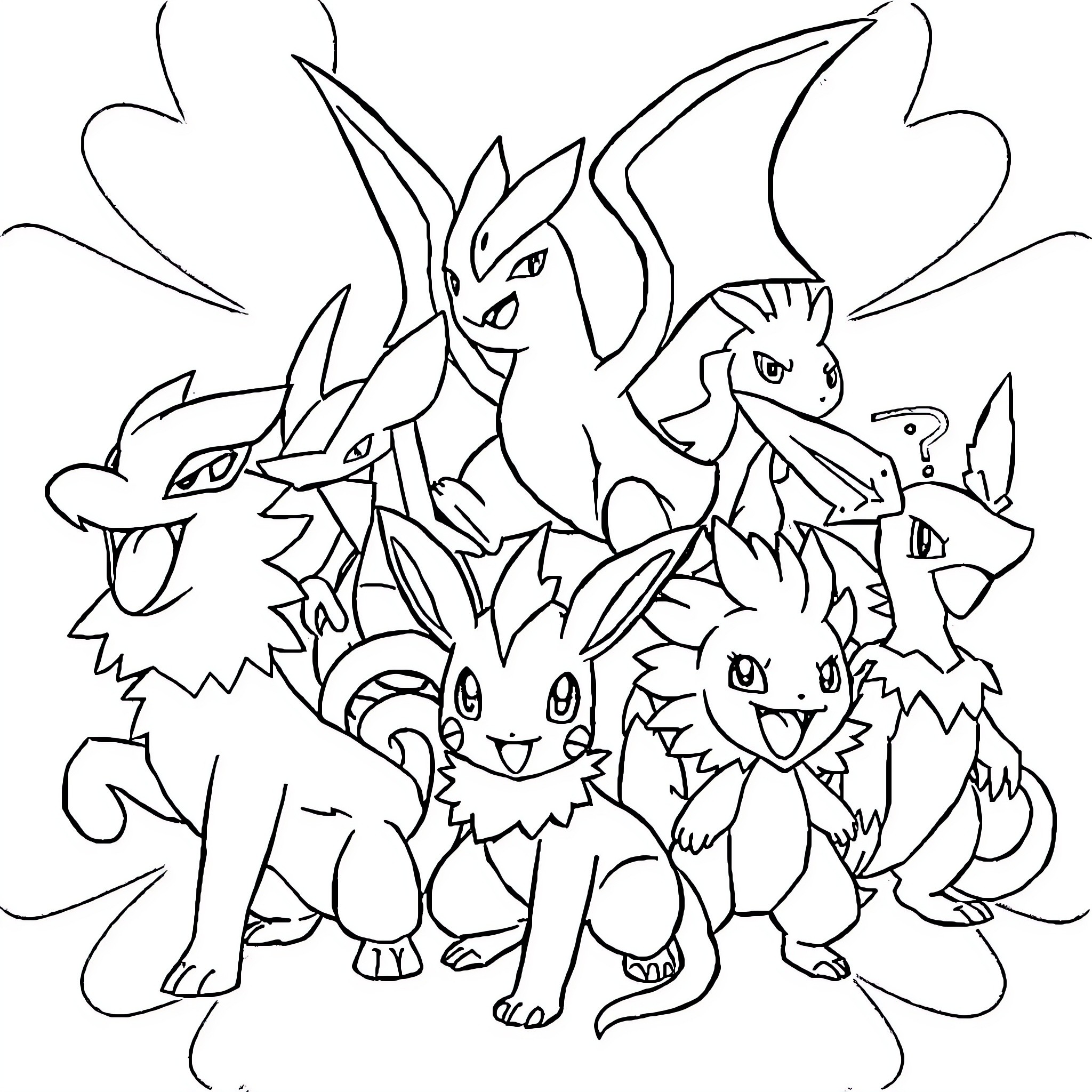 Pokémon Characters Gathered in an Animated Scene Coloring Page (free black-and-white line drawing printable PDF for all, from beginners to advanced learners, including children, teens, adults, and seniors)