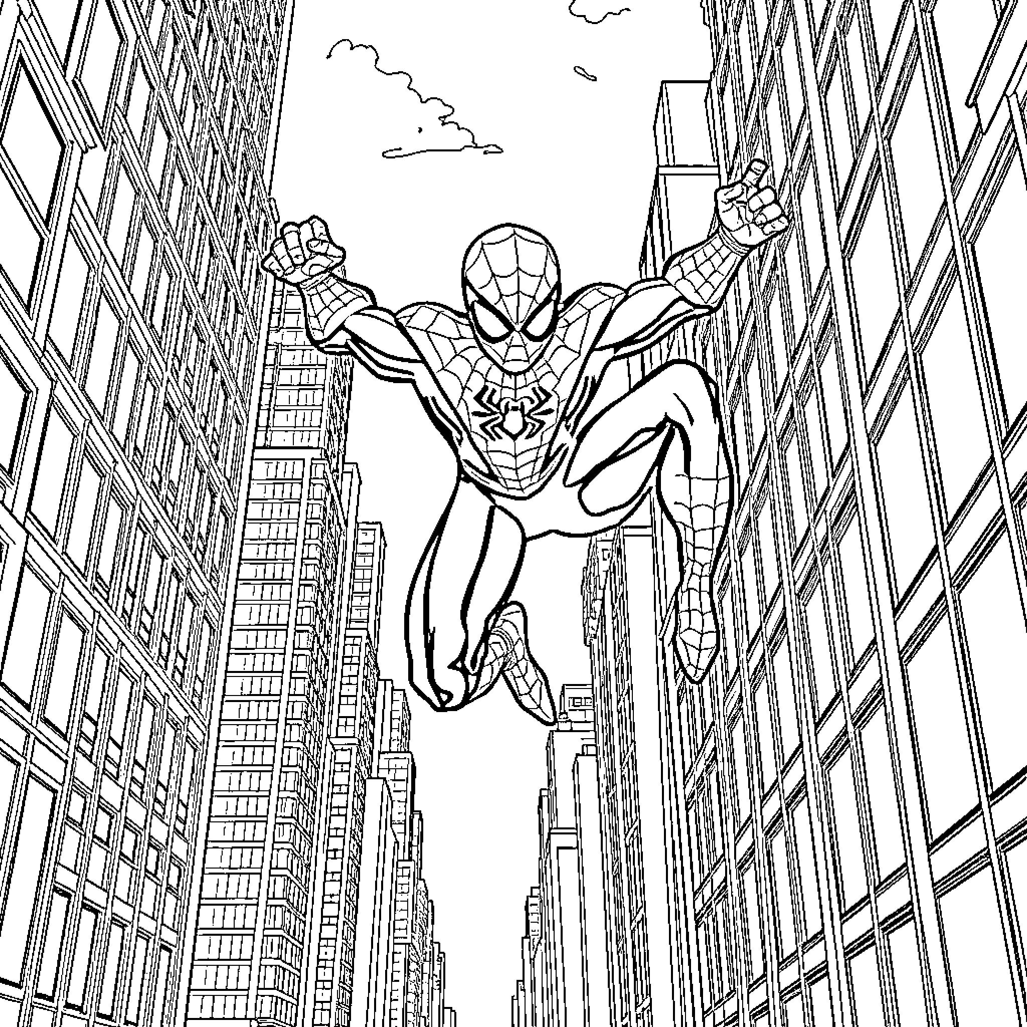 Spider-Man swinging through the city Coloring Page (free black-and-white line drawing printable PDF for all, from beginners to advanced learners, including children, teens, adults, and seniors)