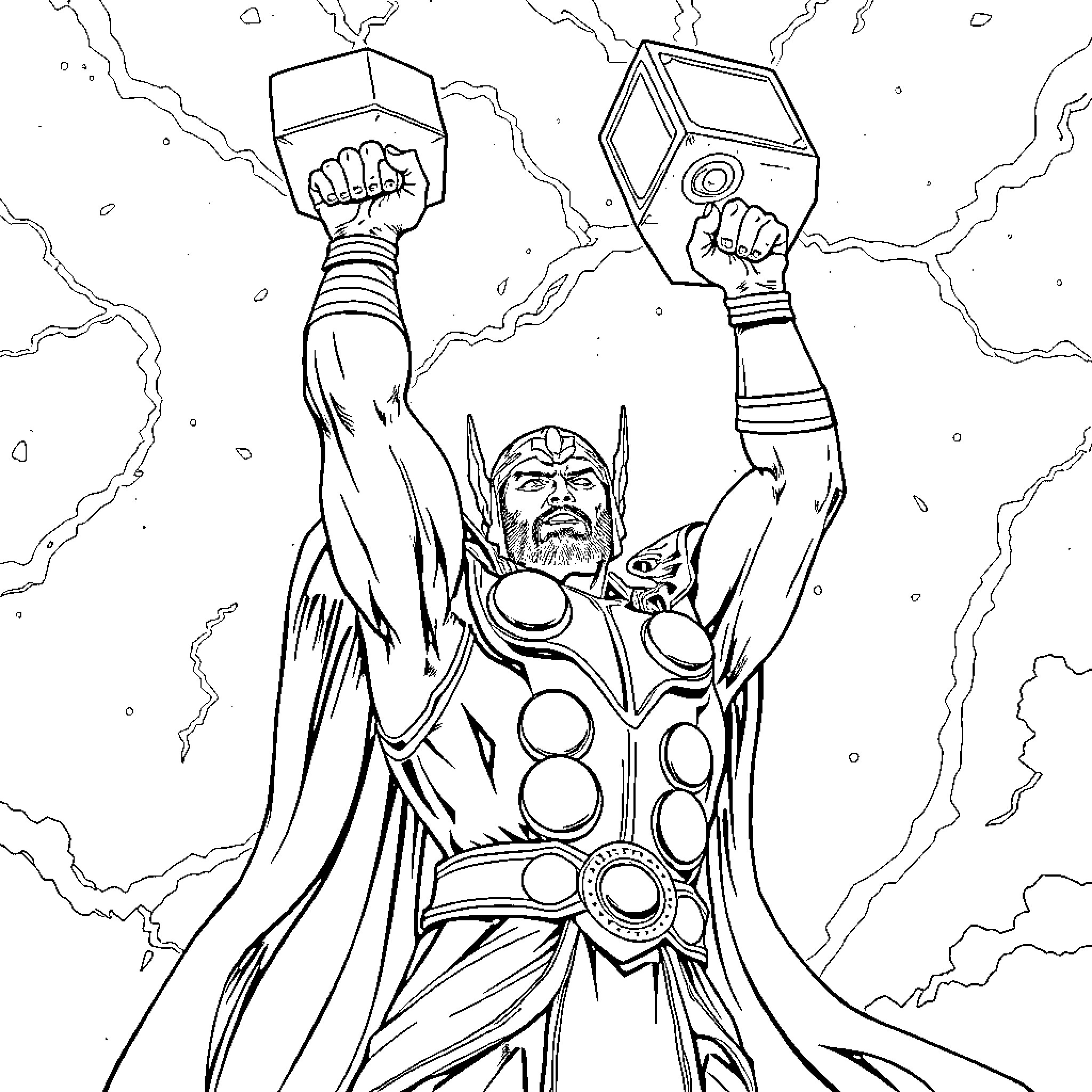 Thor wielding powerful artifacts in a storm Coloring Page (free black-and-white line drawing printable PDF for all, from beginners to advanced learners, including children, teens, adults, and seniors)