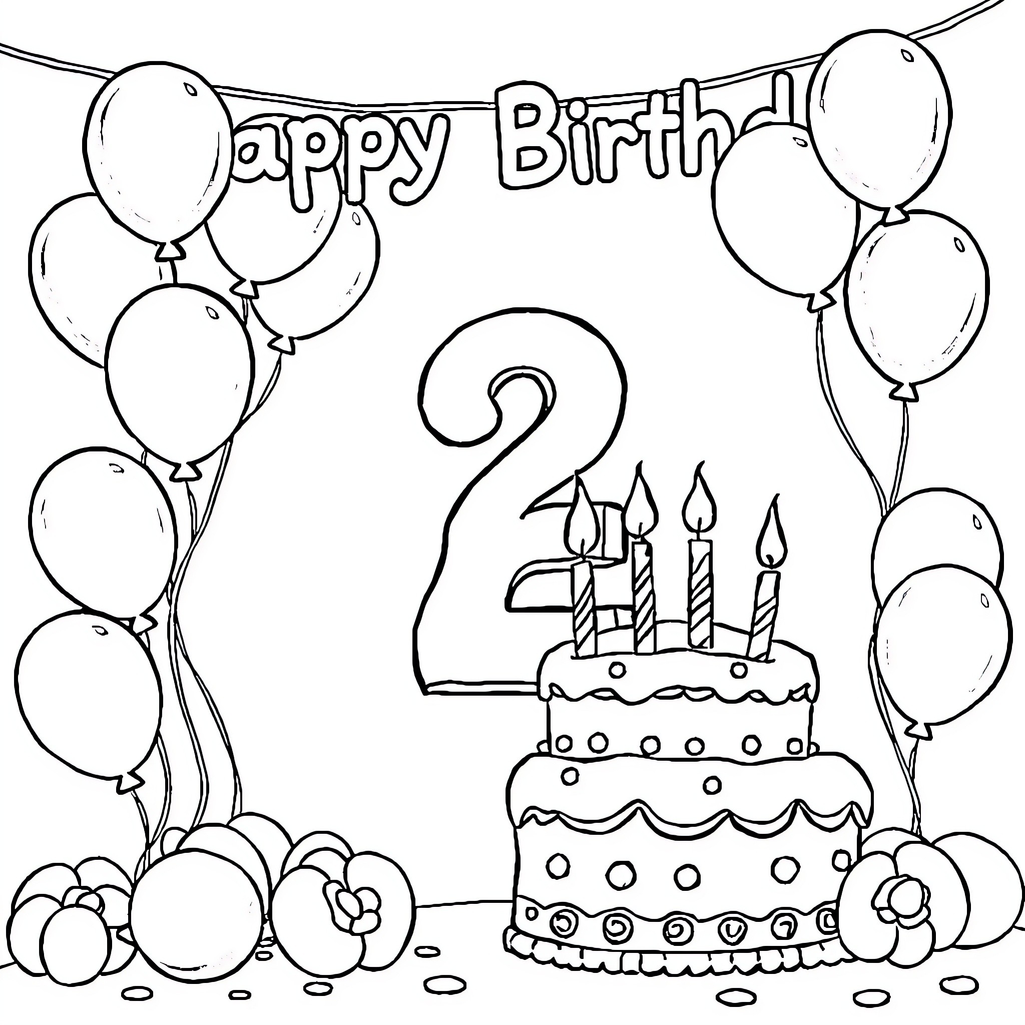 Number 2: Happy Birthday with Balloons and Cake Coloring Page (free black-and-white line drawing printable PDF for all, from beginners to advanced learners, including children, teens, adults, and seniors)