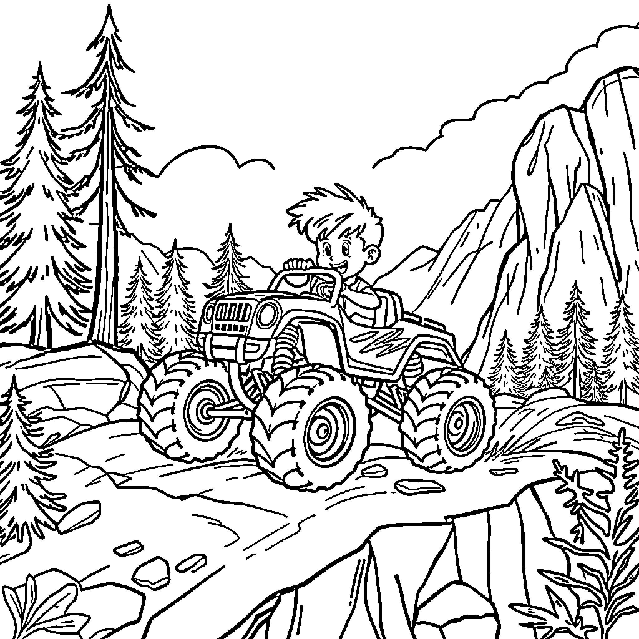 Kid driving adventure vehicle in outdoor landscape Coloring Page (free black-and-white line drawing printable PDF for all, from beginners to advanced learners, including children, teens, adults, and seniors)