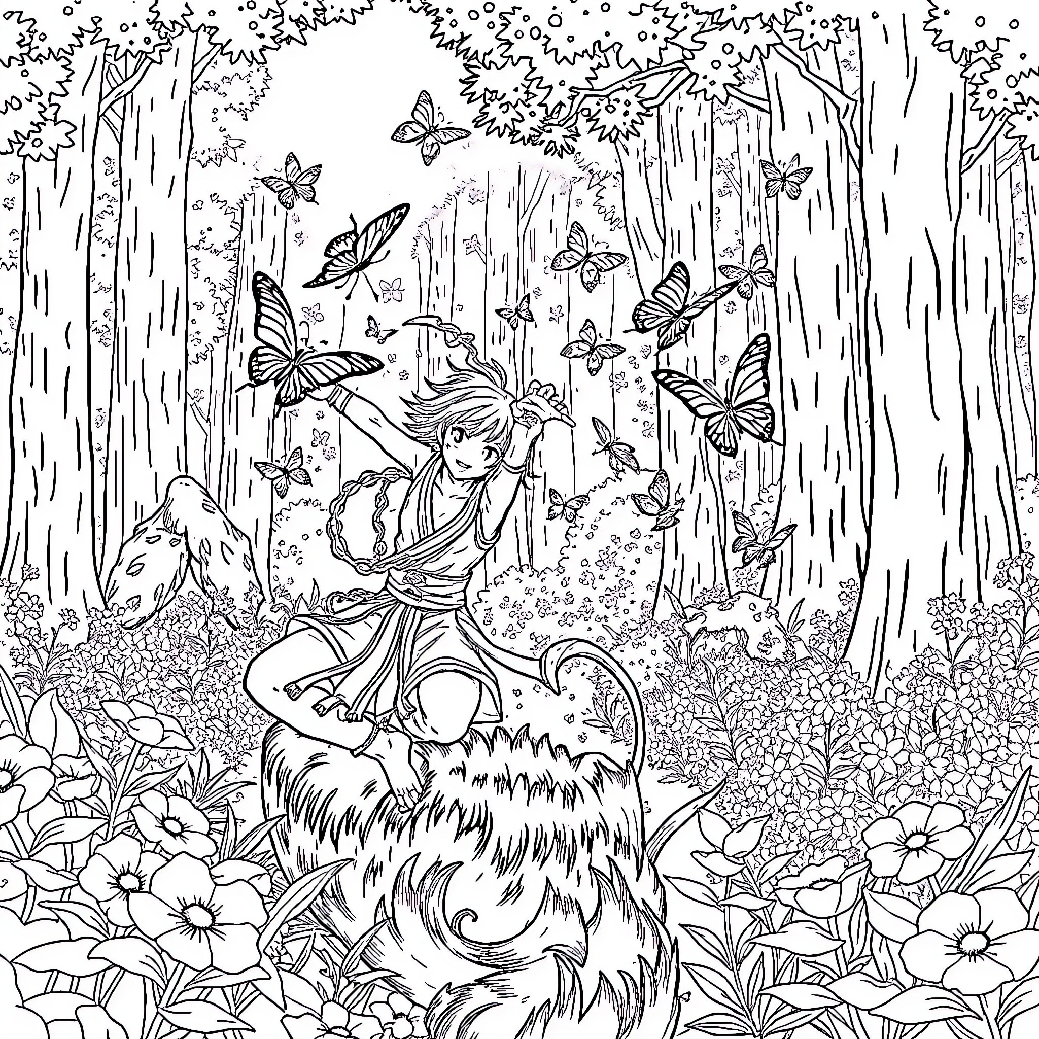 Inosuke exploring the whimsical forest with butterflies Coloring Page (free black-and-white line drawing printable PDF for all, from beginners to advanced learners, including children, teens, adults, and seniors)
