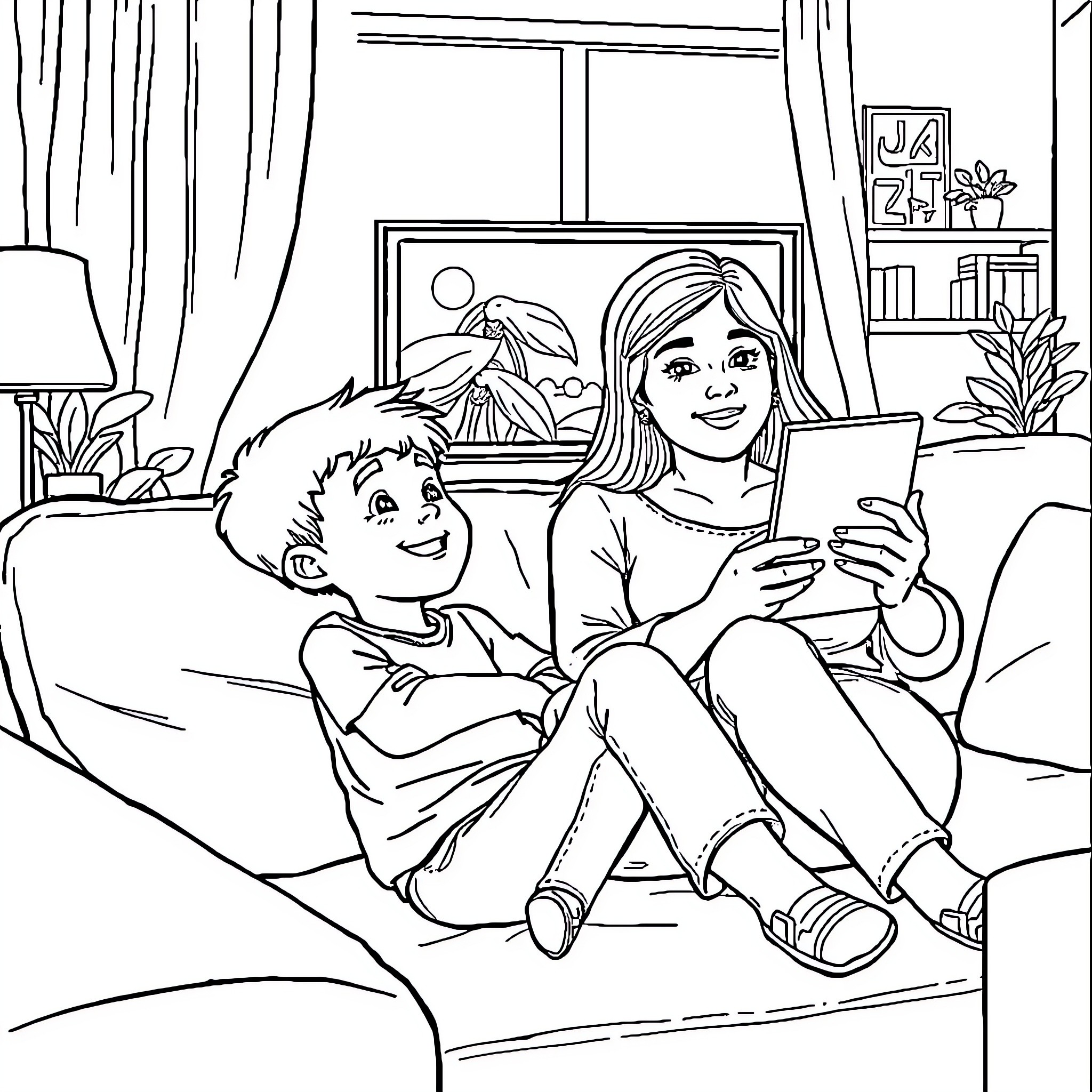 Niño y niña jugando con dispositivos electrónicos en el sofá Coloring Page (free black-and-white line drawing printable PDF for all, from beginners to advanced learners, including children, teens, adults, and seniors)