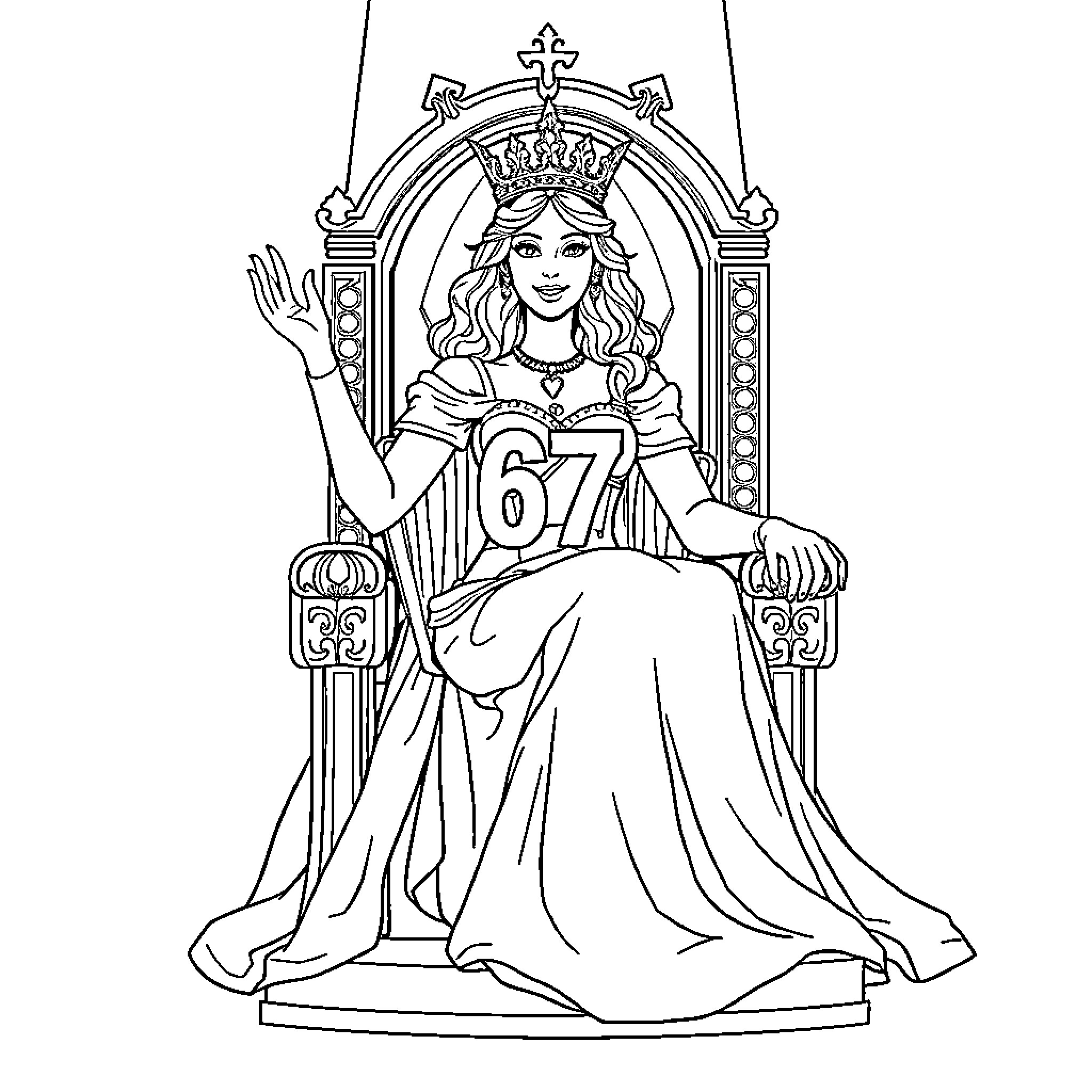 Princess on Ornate Throne Holding Scepter Coloring Page (free black-and-white line drawing printable PDF for all, from beginners to advanced learners, including children, teens, adults, and seniors)