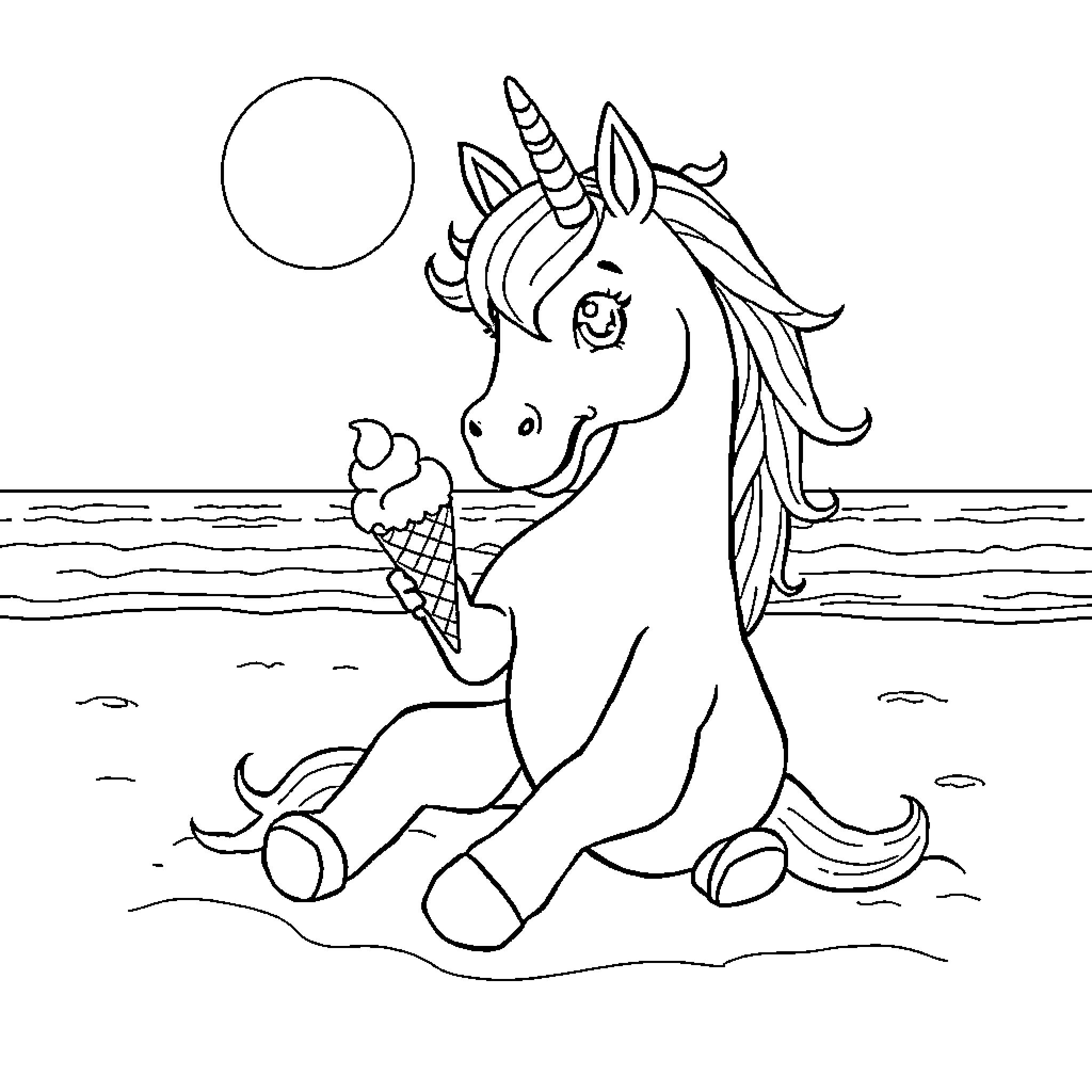 Unicorn enjoying an ice cream by the sea Coloring Page (free black-and-white line drawing printable PDF for all, from beginners to advanced learners, including children, teens, adults, and seniors)