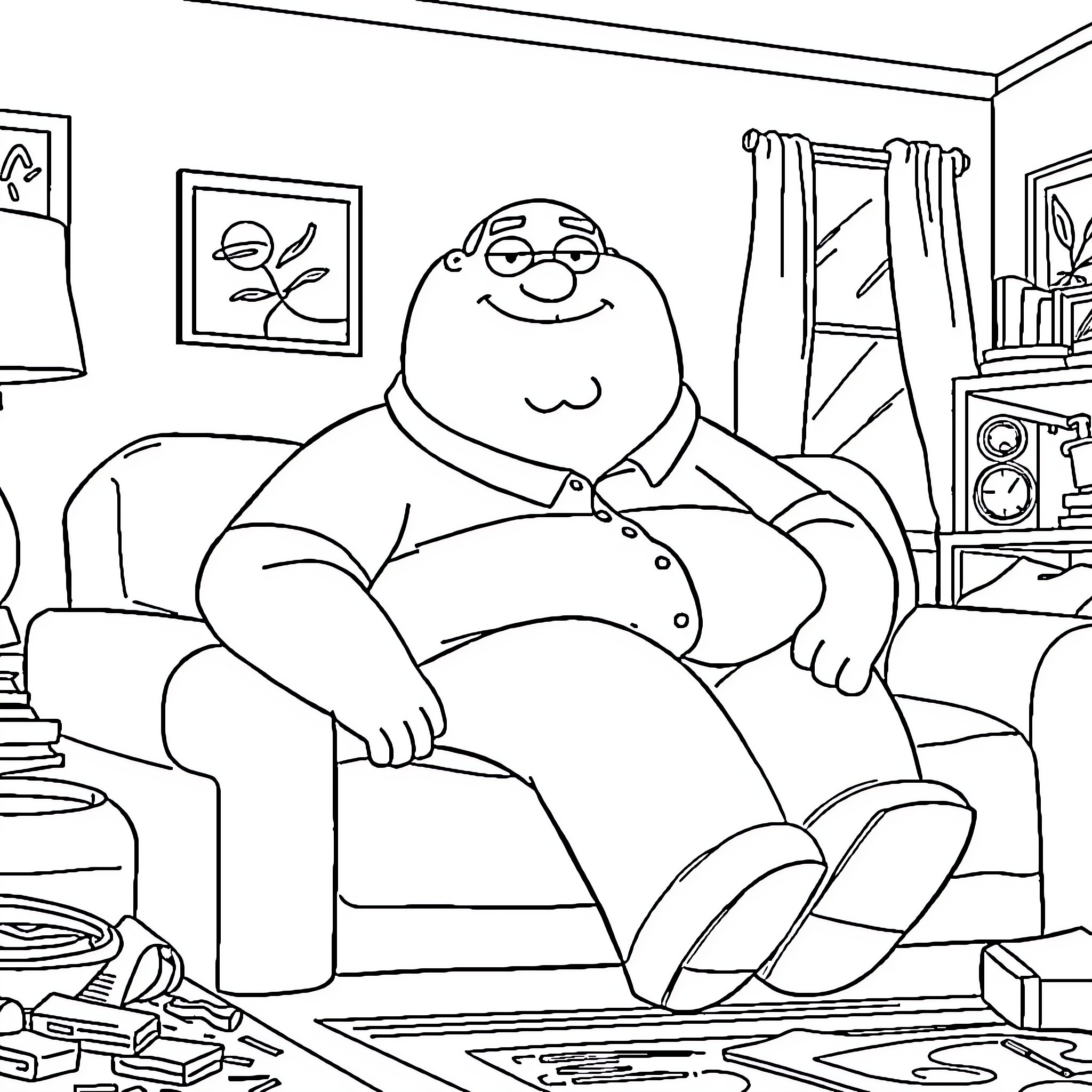 Peter Griffin relaxing comfortably in his living room Coloring Page (free black-and-white line drawing printable PDF for all, from beginners to advanced learners, including children, teens, adults, and seniors)