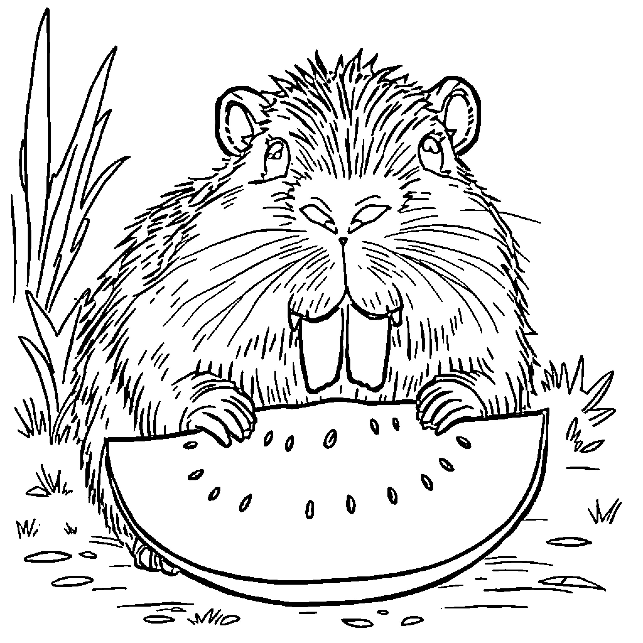 Capybara enjoying a refreshing watermelon snack Coloring Page (free black-and-white line drawing printable PDF for all, from beginners to advanced learners, including children, teens, adults, and seniors)