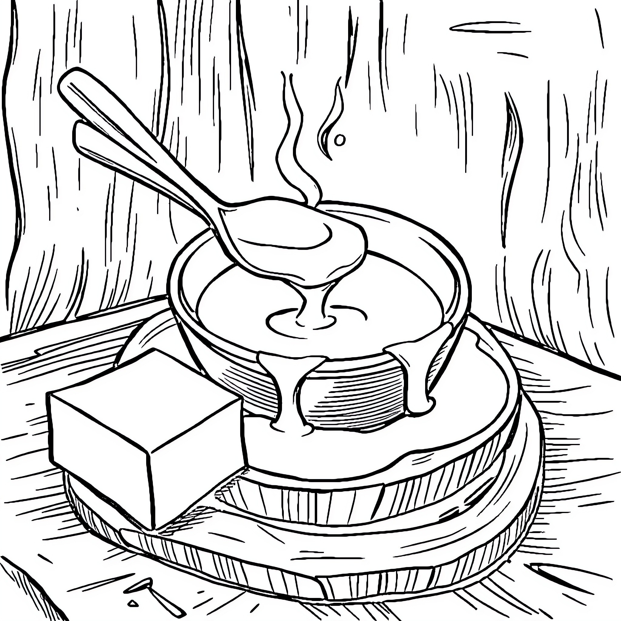 Butter Cooking Utensils and Wooden Surface Coloring Page (free black-and-white line drawing printable PDF for all, from beginners to advanced learners, including children, teens, adults, and seniors)