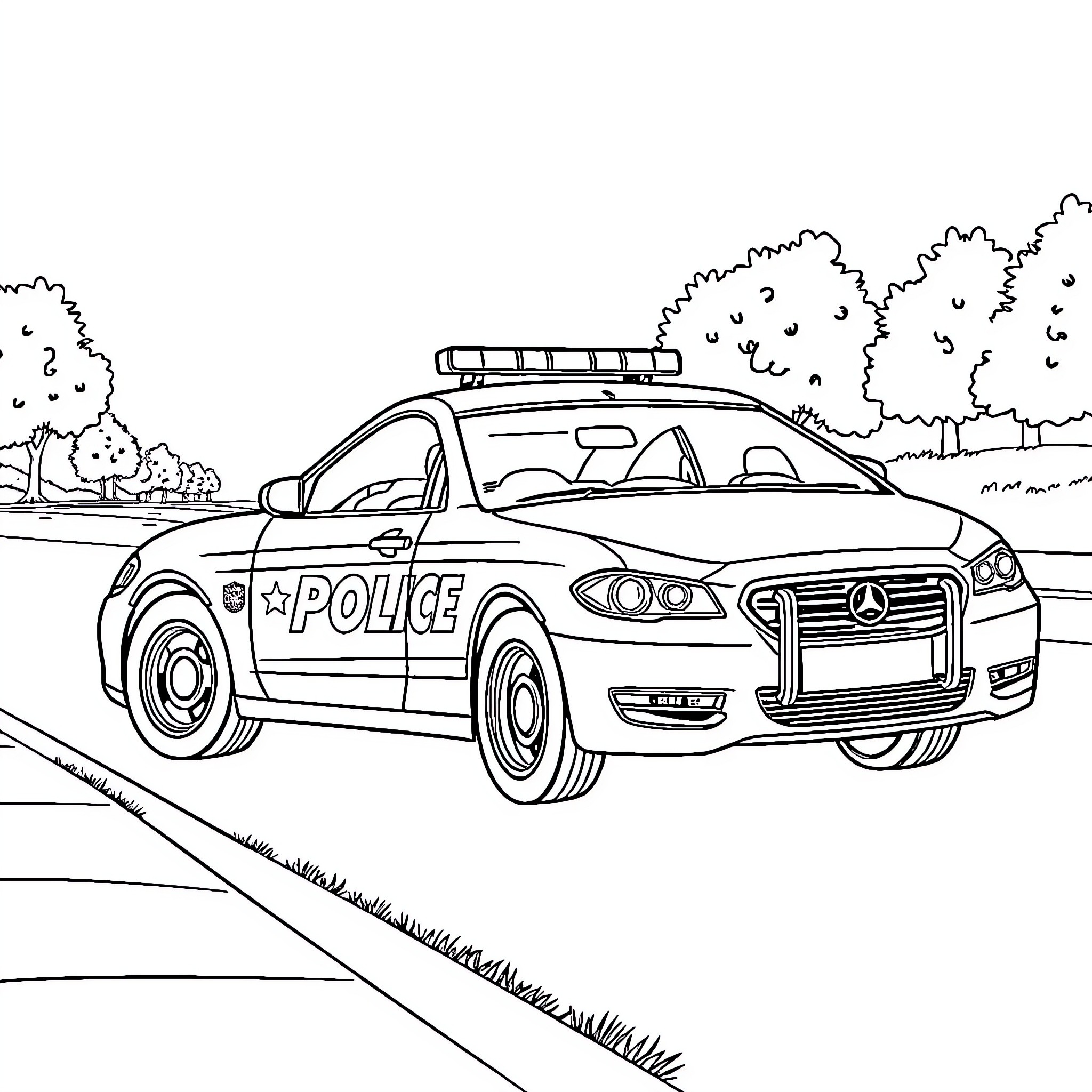 Police Car on Patrol in a Rural Landscape Coloring Page (free black-and-white line drawing printable PDF for all, from beginners to advanced learners, including children, teens, adults, and seniors)