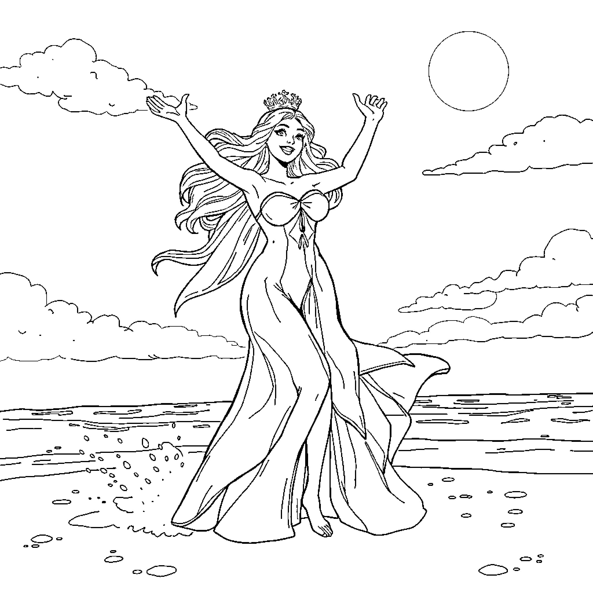 Queen's Joyful Embrace of Nature's Wonders Coloring Page (free black-and-white line drawing printable PDF for all, from beginners to advanced learners, including children, teens, adults, and seniors)