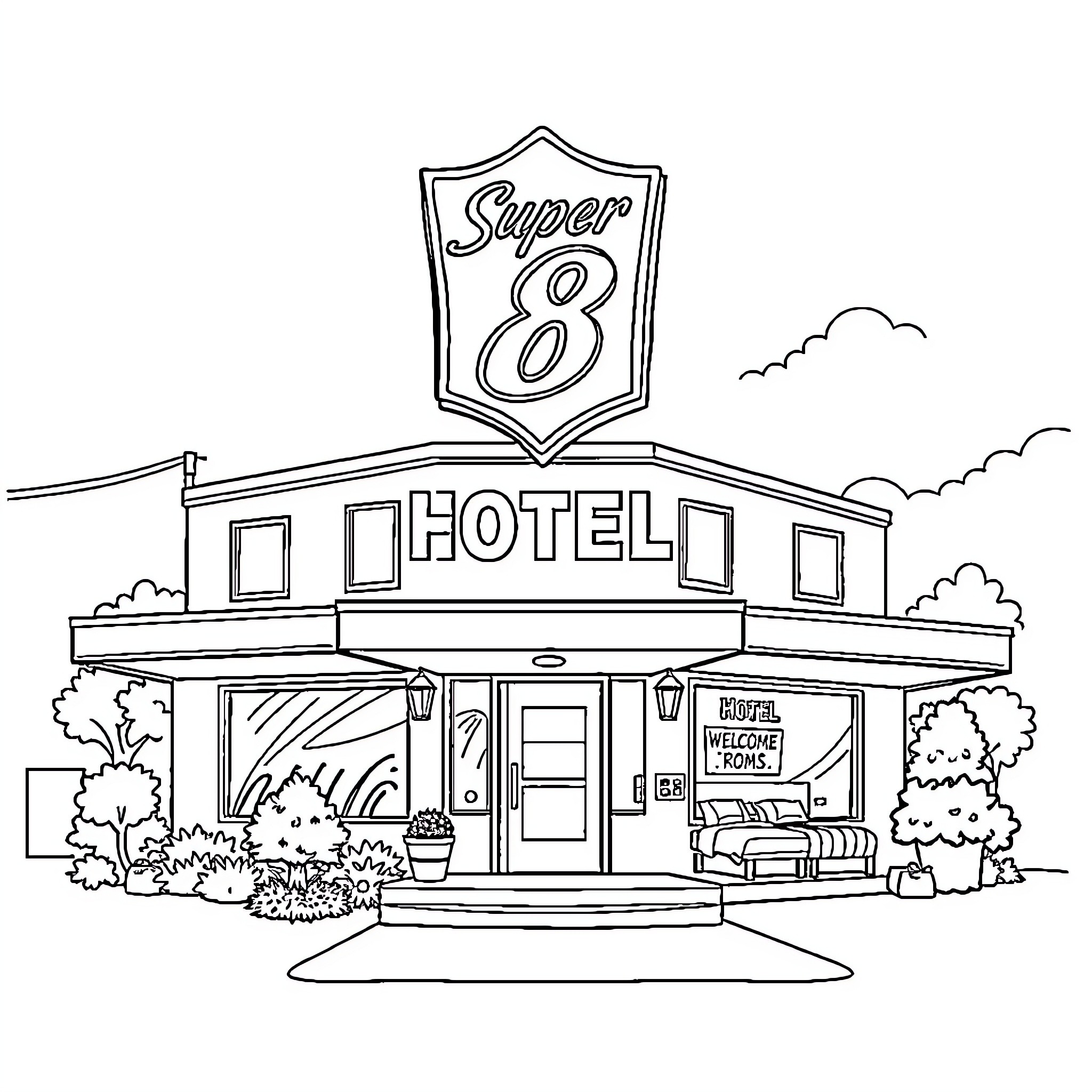 Super 8 Hotel Building and Exterior Scenery Coloring Page (free black-and-white line drawing printable PDF for all, from beginners to advanced learners, including children, teens, adults, and seniors)
