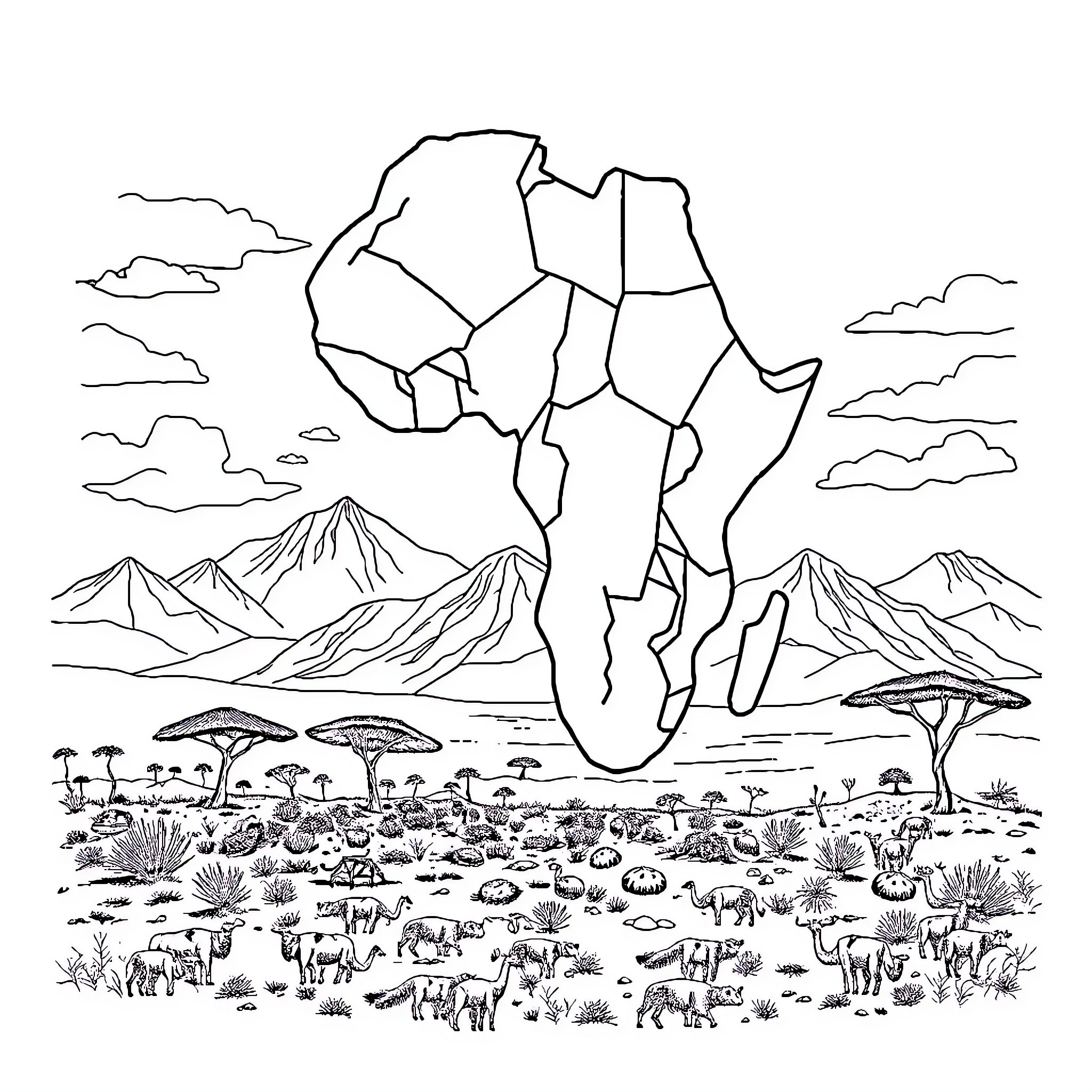 Africa's Diverse Wildlife and Landscapes Coloring Page (free black-and-white line drawing printable PDF for all, from beginners to advanced learners, including children, teens, adults, and seniors)
