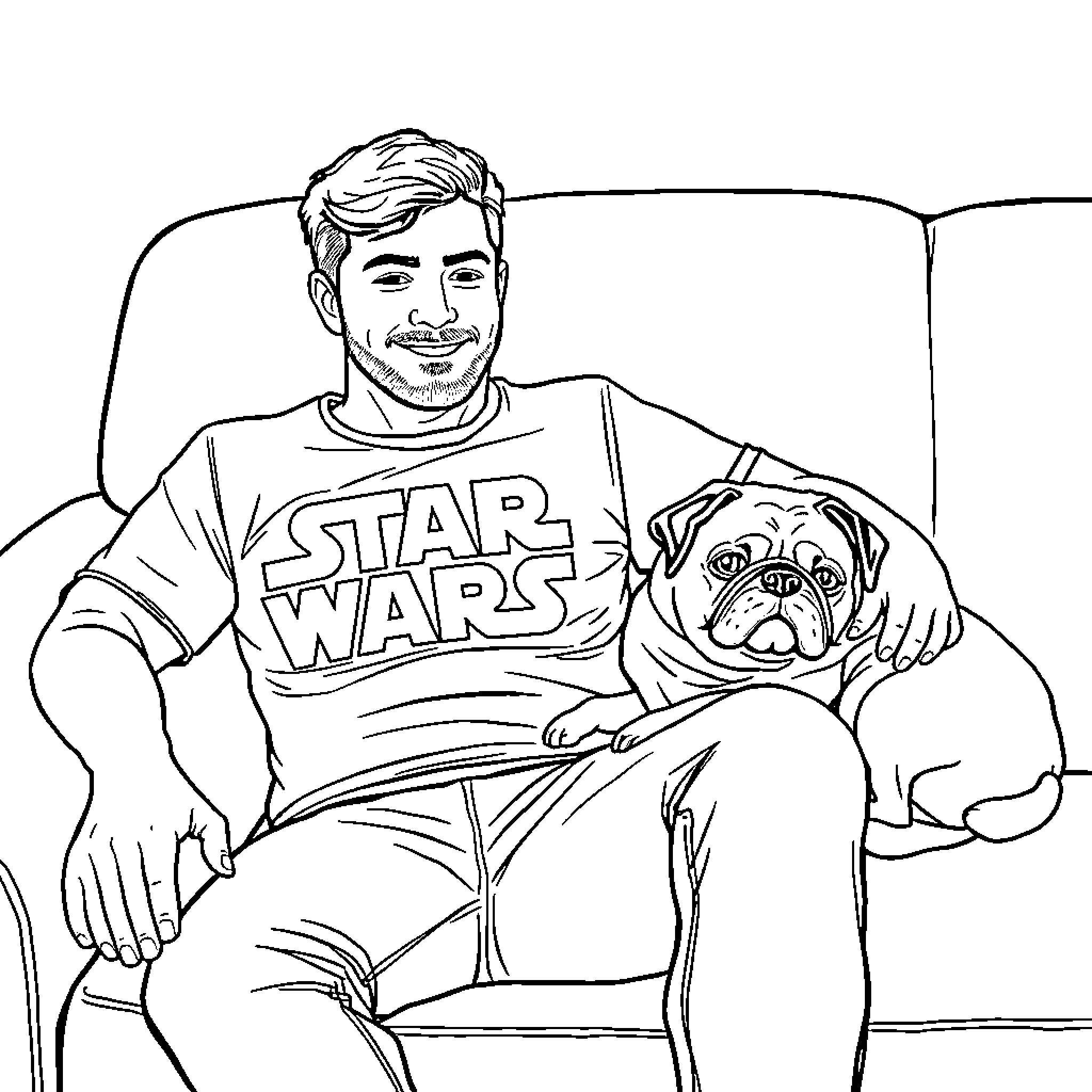 Guy in Star Wars shirt relaxing with his pug Coloring Page (free black-and-white line drawing printable PDF for all, from beginners to advanced learners, including children, teens, adults, and seniors)