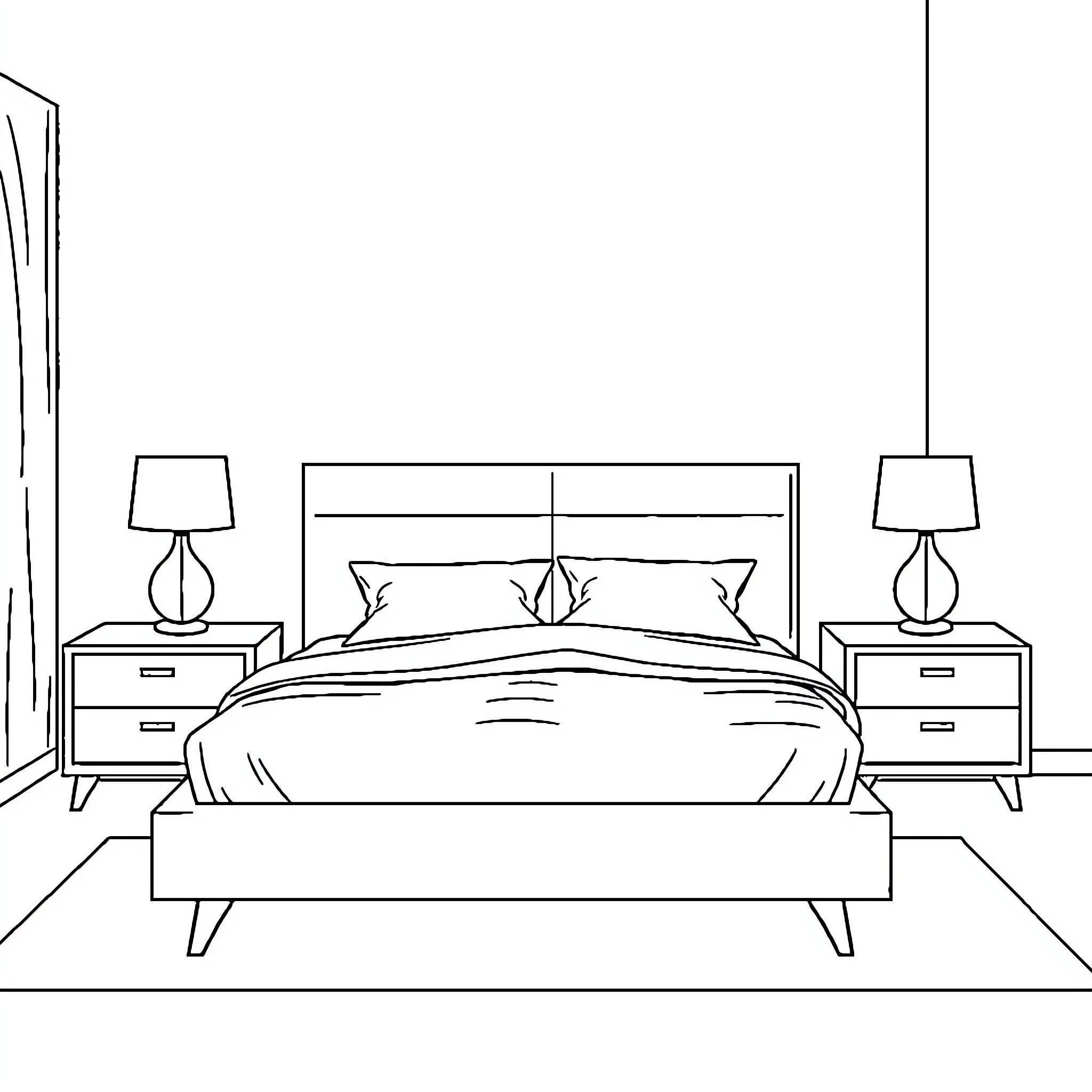 Furniture arrangement in simple bedroom interior Coloring Page (free black-and-white line drawing printable PDF for all, from beginners to advanced learners, including children, teens, adults, and seniors)