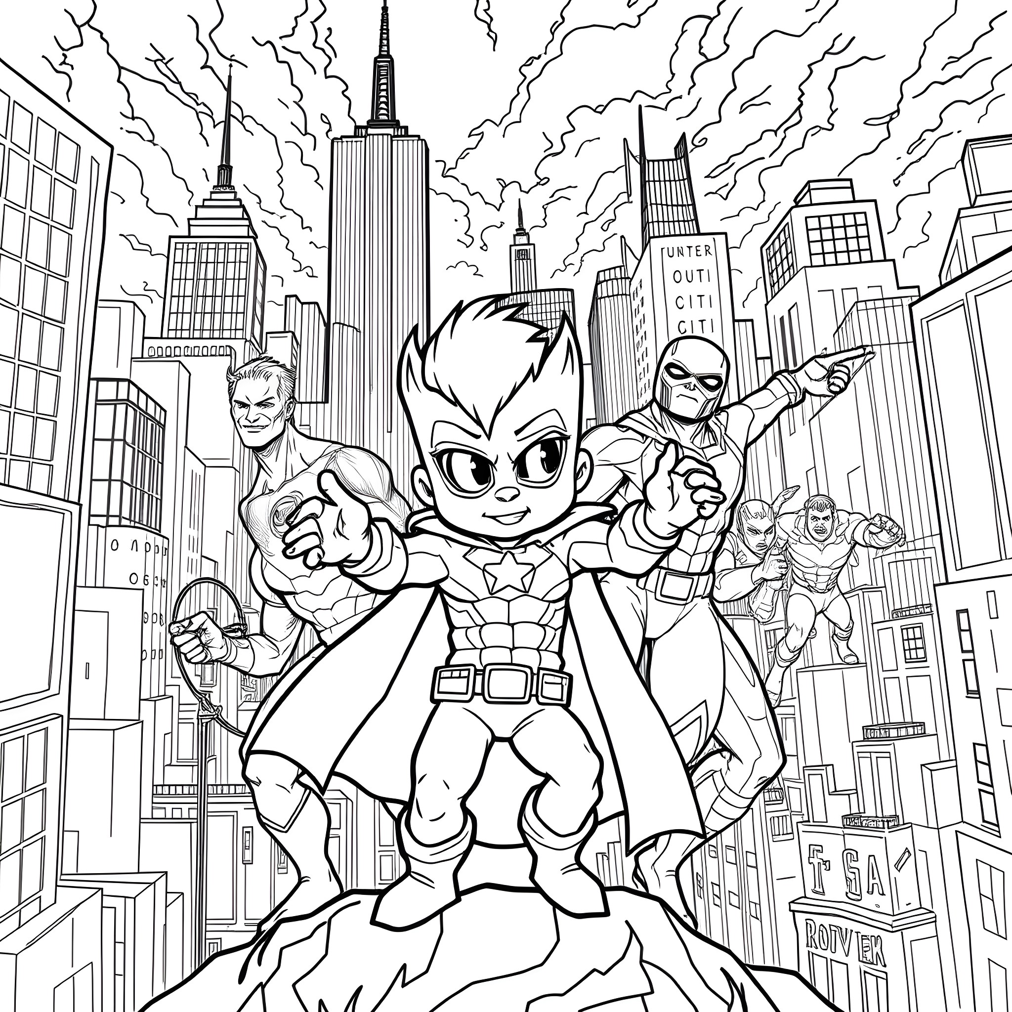 Sprunki: Superhero Team Saves the City Coloring Page (free black-and-white line drawing printable PDF for all, from beginners to advanced learners, including children, teens, adults, and seniors)