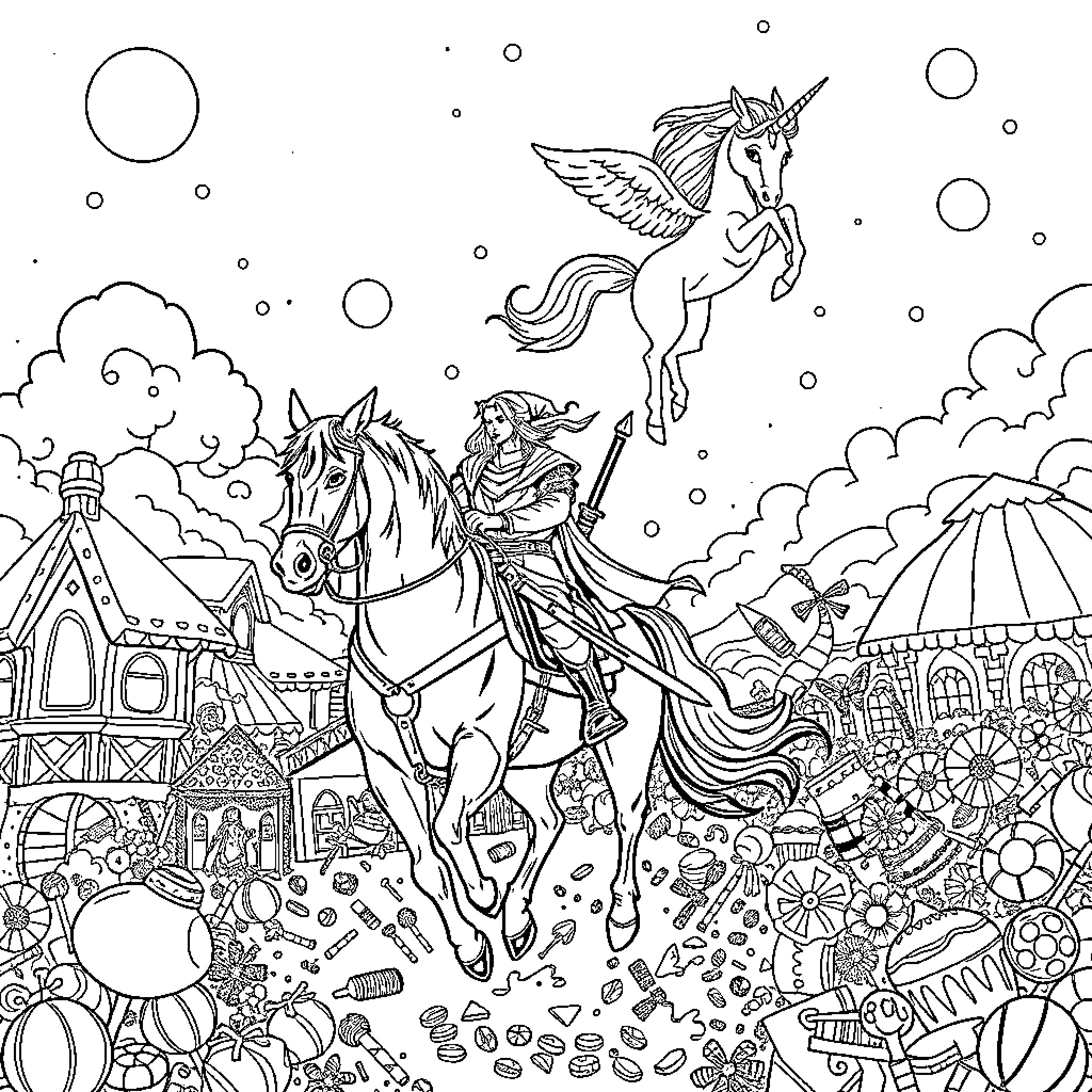 Witcher riding unicorn through fantastical landscape Coloring Page (free black-and-white line drawing printable PDF for all, from beginners to advanced learners, including children, teens, adults, and seniors)
