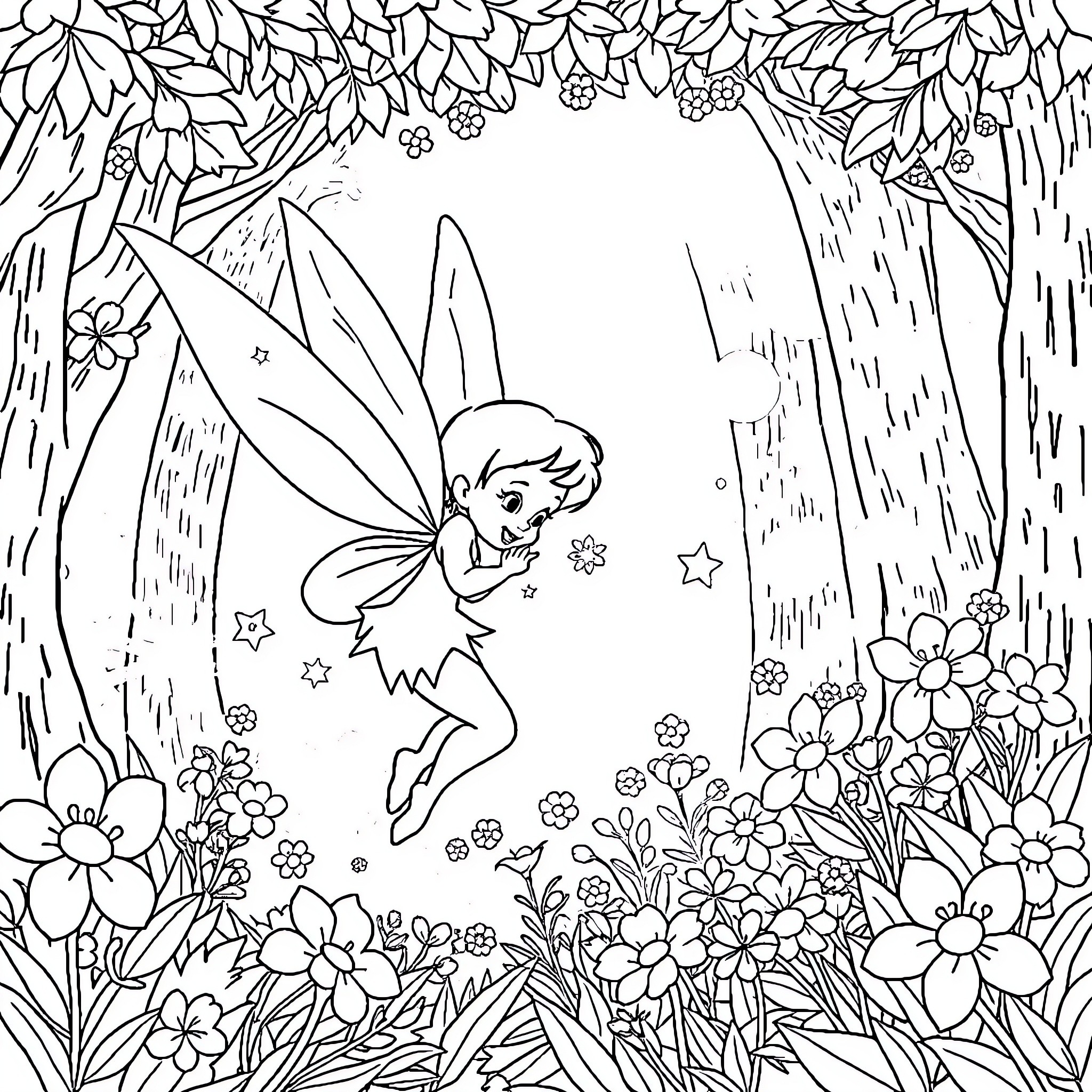 Tinkerbell flying through the enchanted forest Coloring Page (free black-and-white line drawing printable PDF for all, from beginners to advanced learners, including children, teens, adults, and seniors)