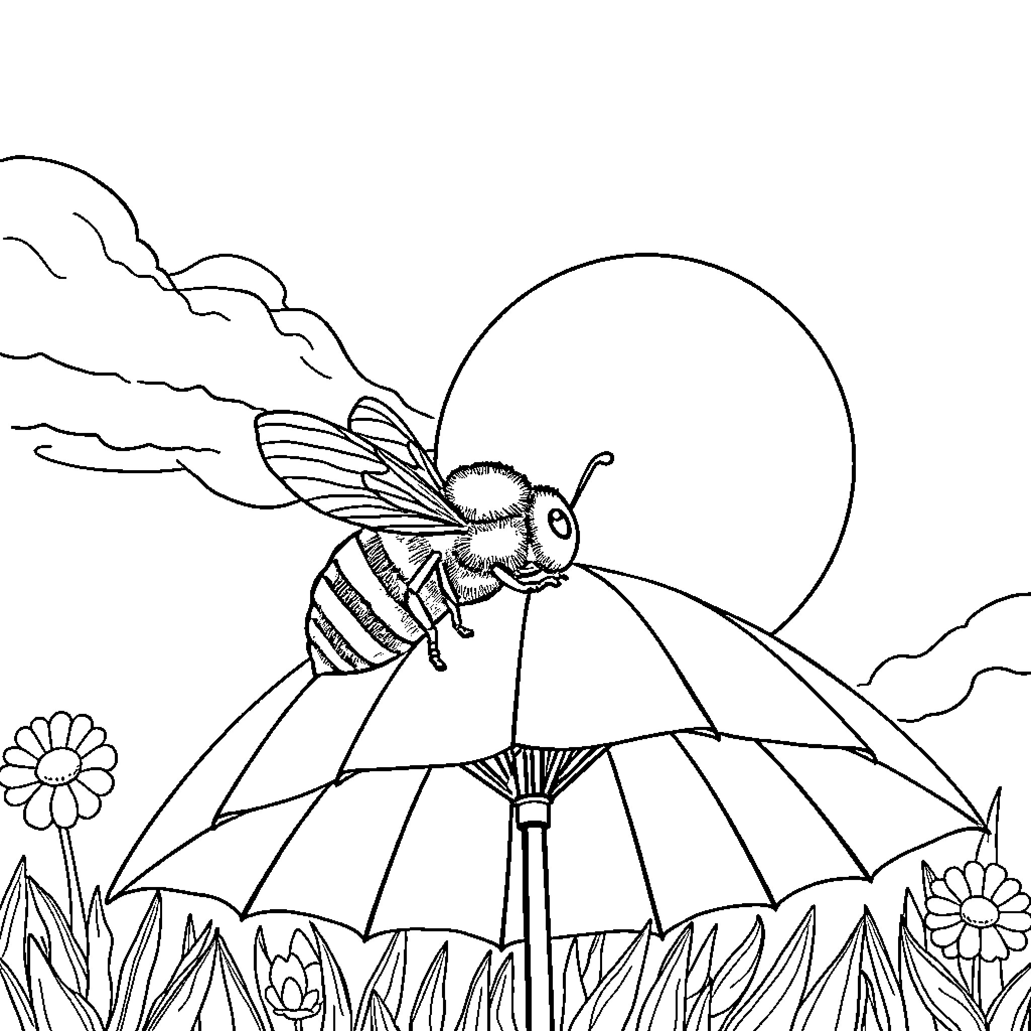 Bee flying with umbrella in a floral field Coloring Page (free black-and-white line drawing printable PDF for all, from beginners to advanced learners, including children, teens, adults, and seniors)