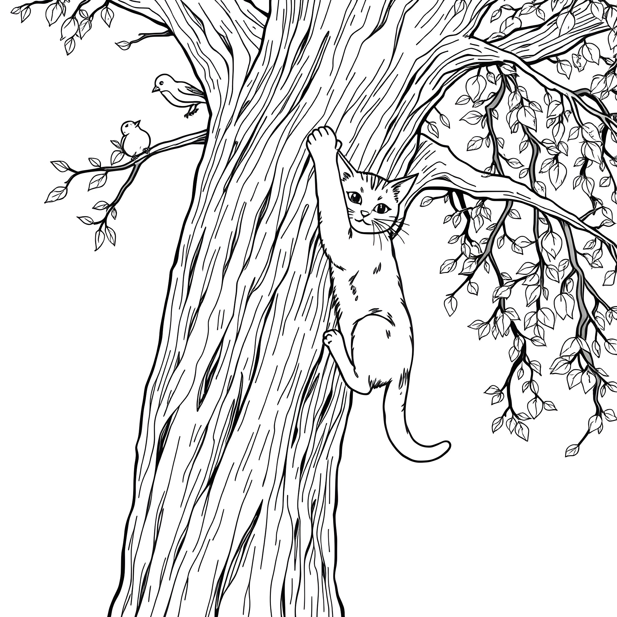 Cat climbing on tree with birds Coloring Page (free black-and-white line drawing printable PDF for all, from beginners to advanced learners, including children, teens, adults, and seniors)