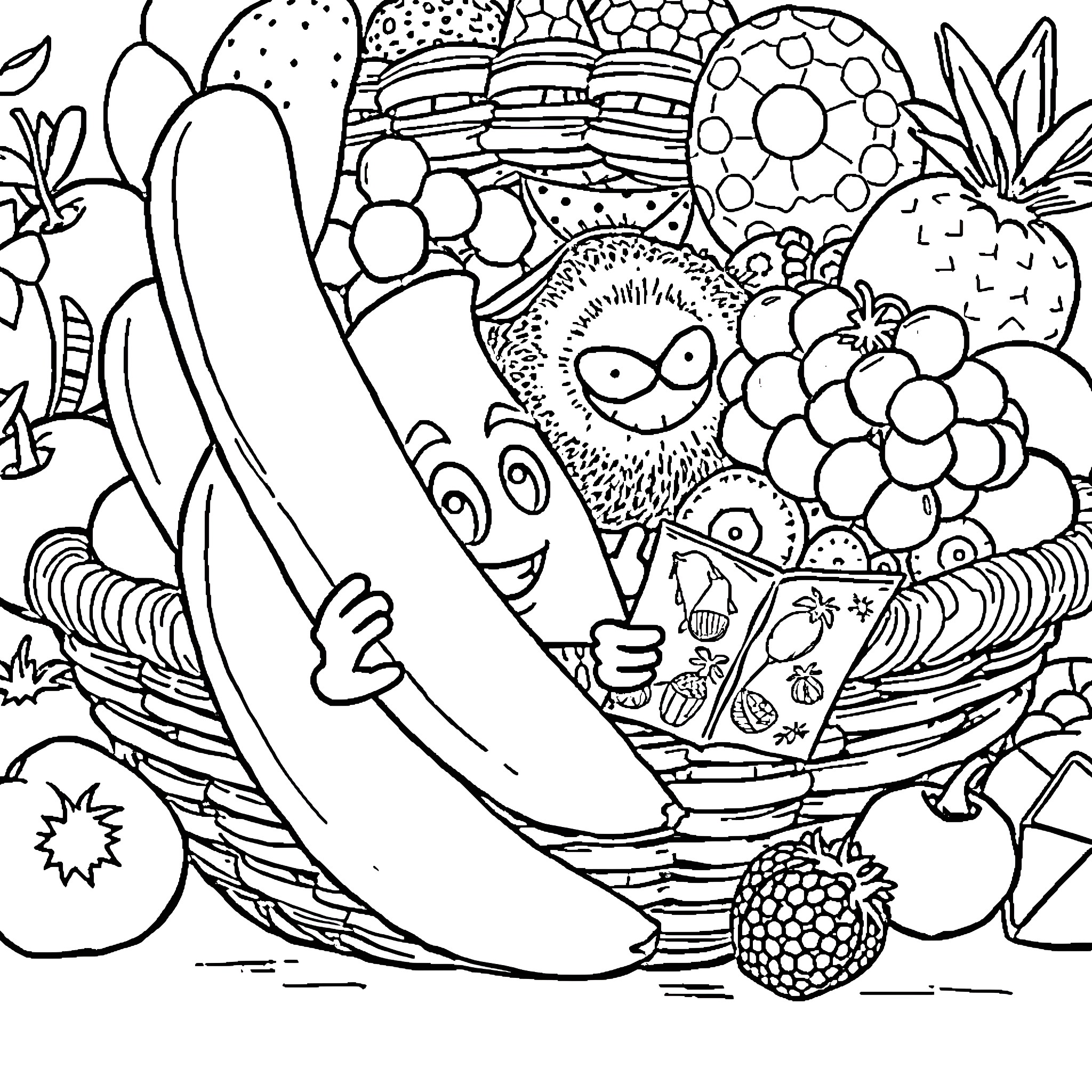 Mango-Man's Fruit Basket Adventures Coloring Page (free black-and-white line drawing printable PDF for all, from beginners to advanced learners, including children, teens, adults, and seniors)