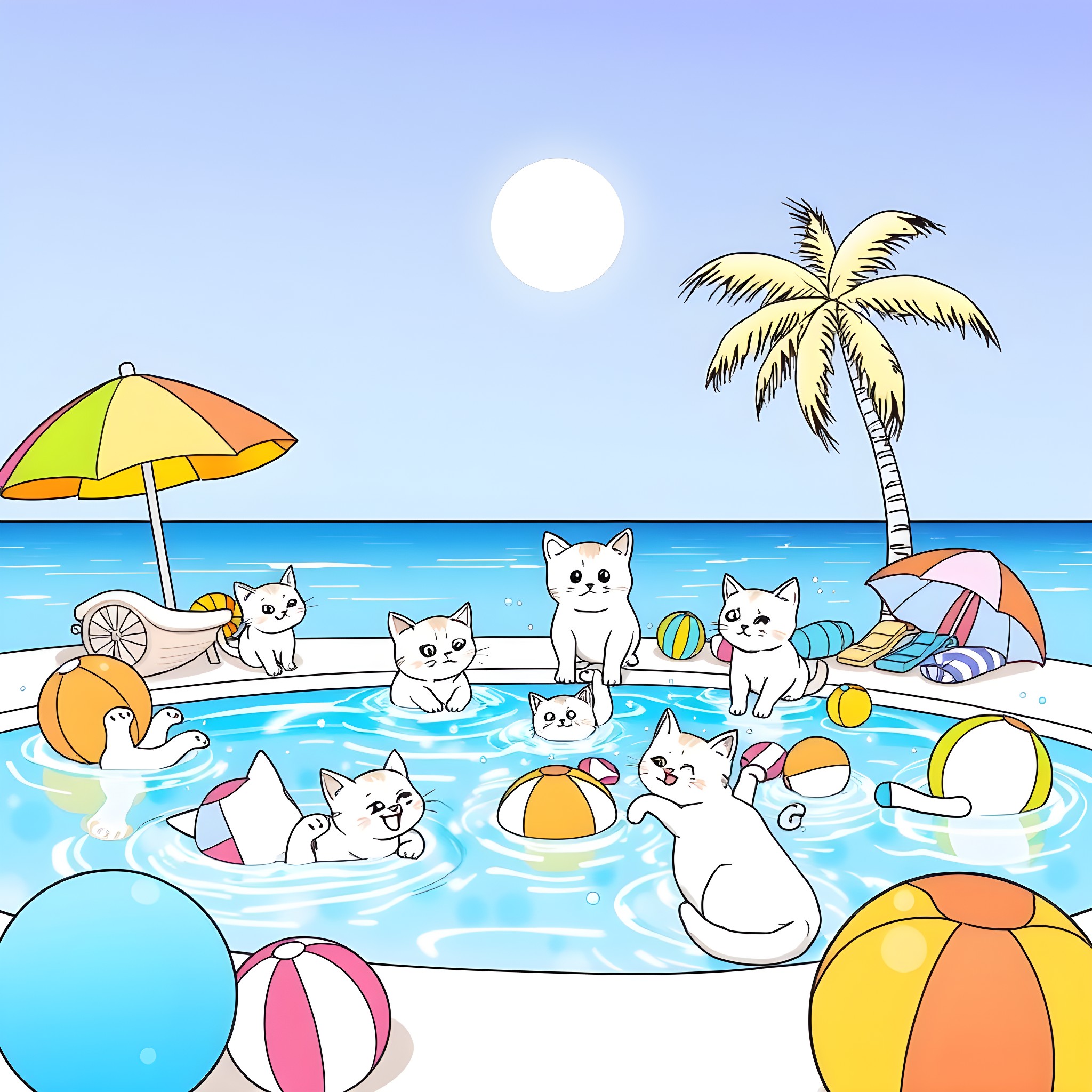 Cats playing in the tropical beach paradise Coloring Page (free black-and-white line drawing printable PDF for all, from beginners to advanced learners, including children, teens, adults, and seniors)